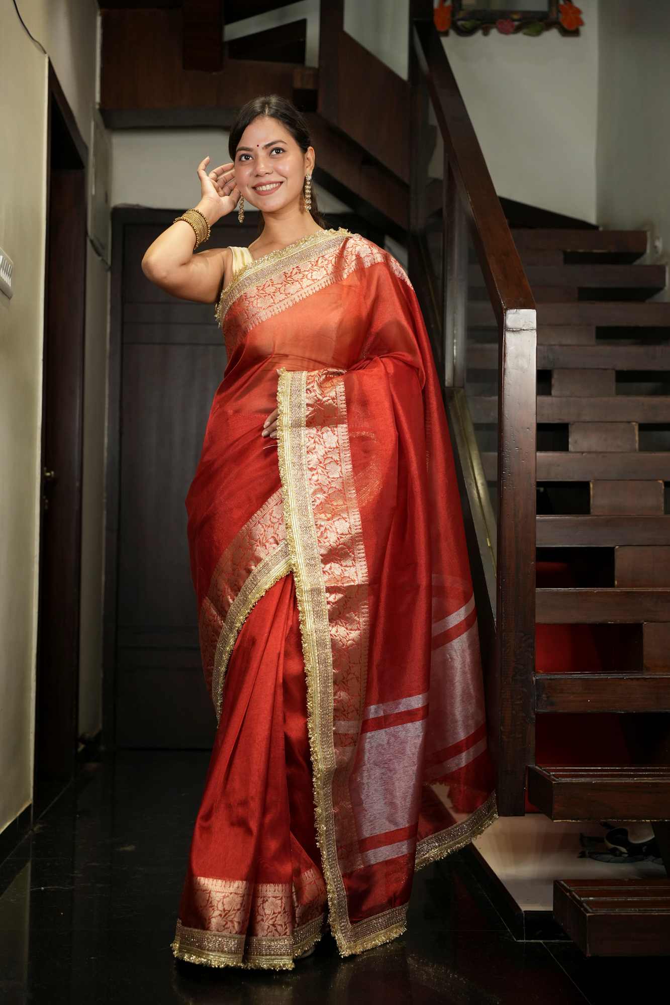 Red Tissue Silk with Golden Zari Weave & Ornate Border Ready To Wear Saree