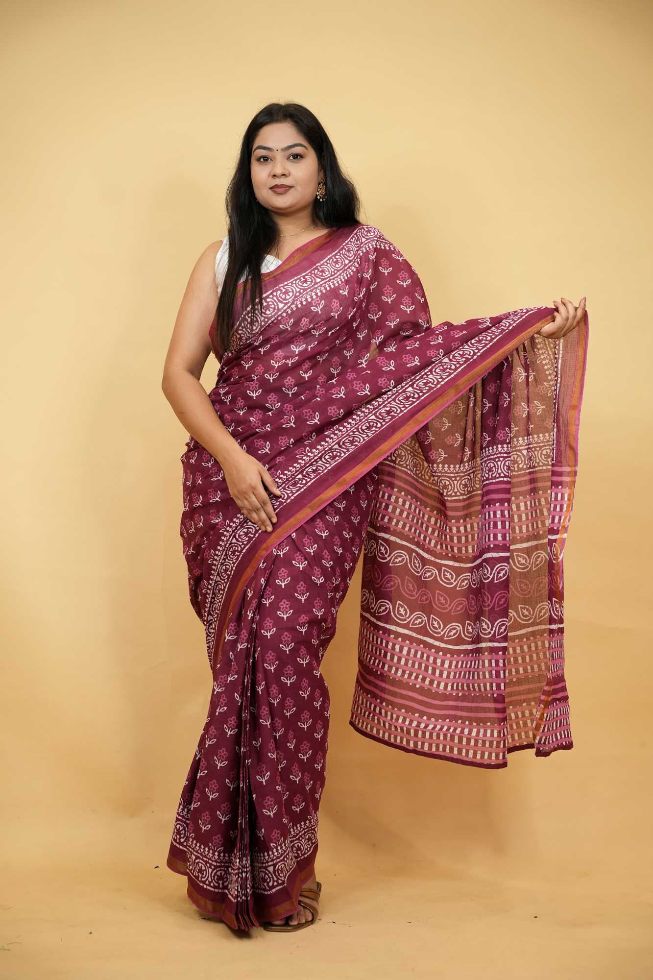 Cotton Jaipuri Printed with Zari Border in Maroon Ready To Wear Saree