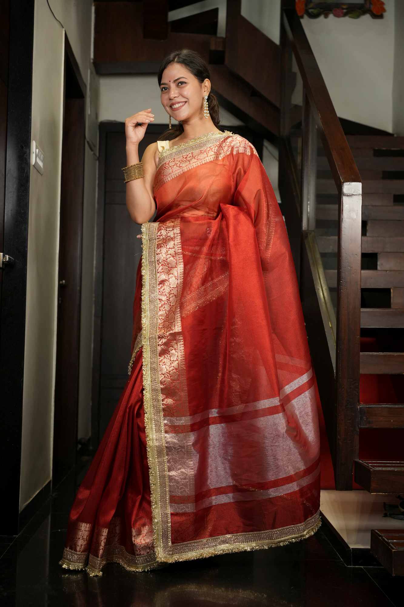 Red Tissue Silk with Golden Zari Weave & Ornate Border Ready To Wear Saree