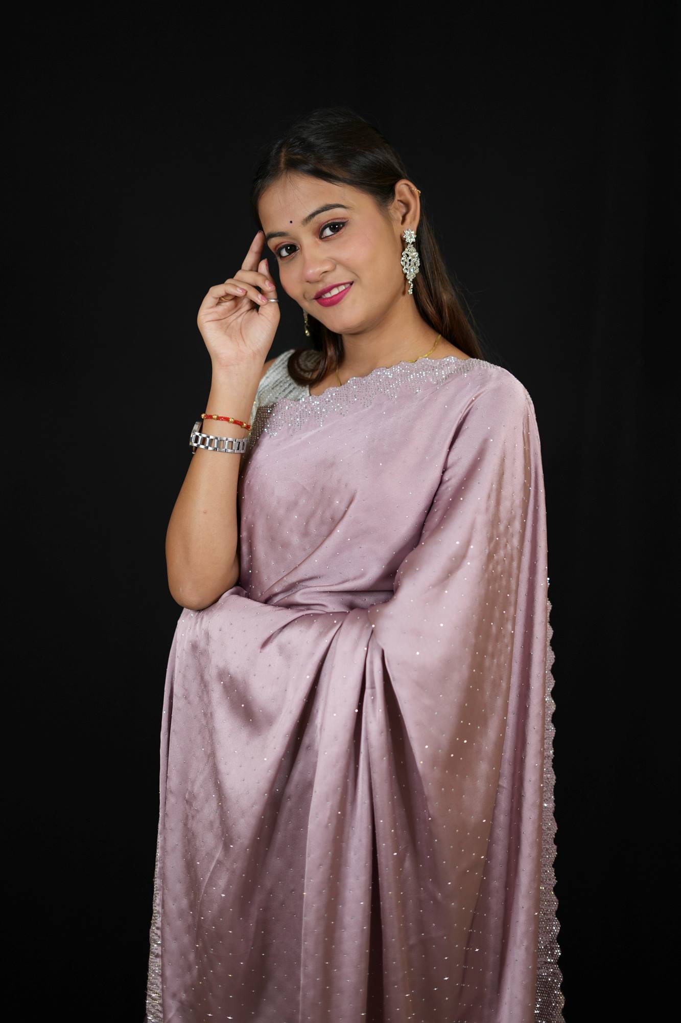 Light Purple Premium Satin Silk with Silver Scalloped & Sequinned Border Ready To Wear Saree
