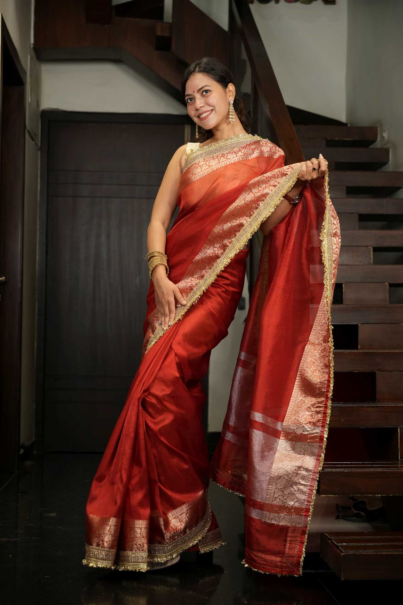 Red Tissue Silk with Golden Zari Weave & Ornate Border Ready To Wear Saree