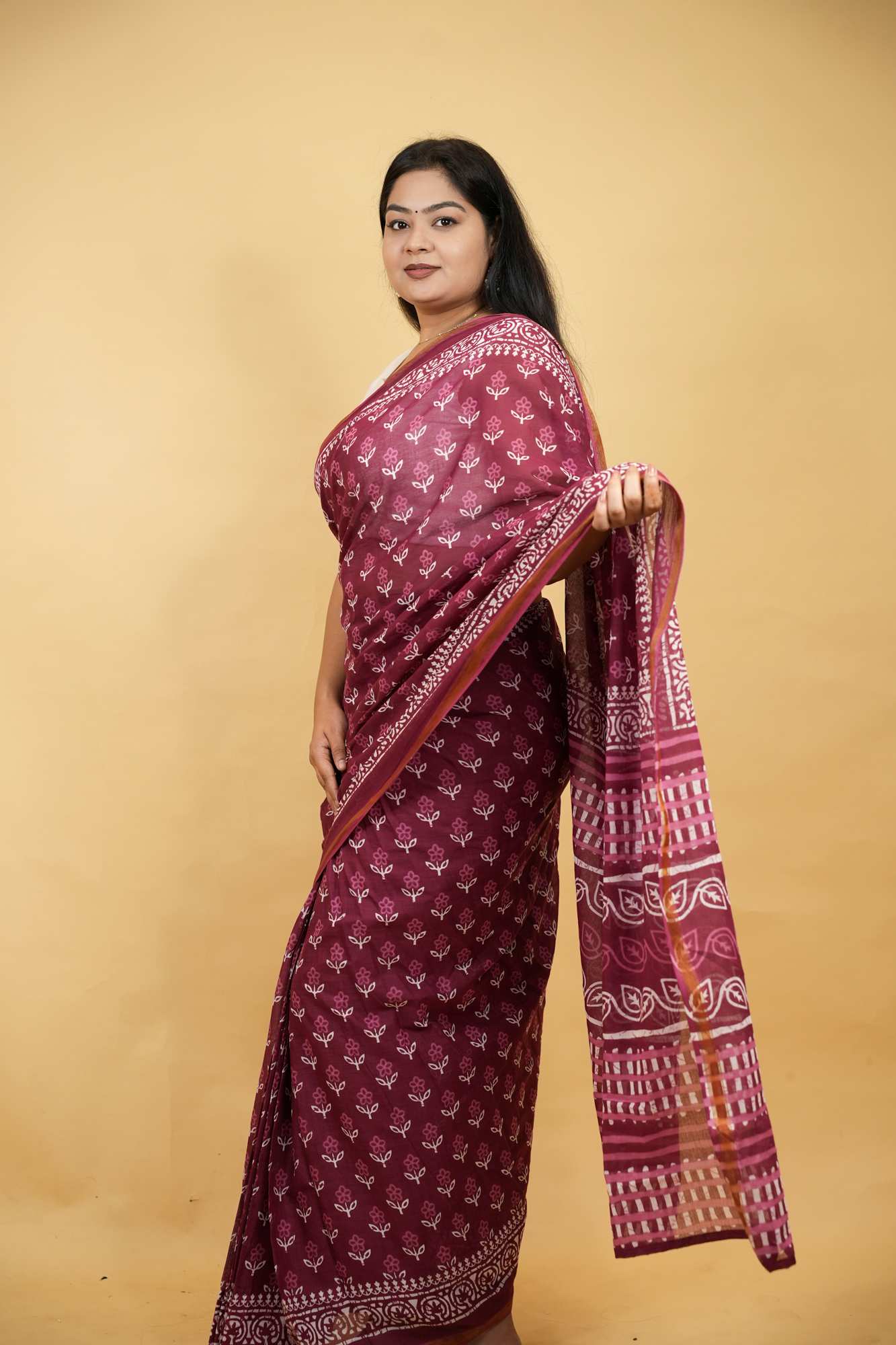 Cotton Jaipuri Printed with Zari Border in Maroon Ready To Wear Saree