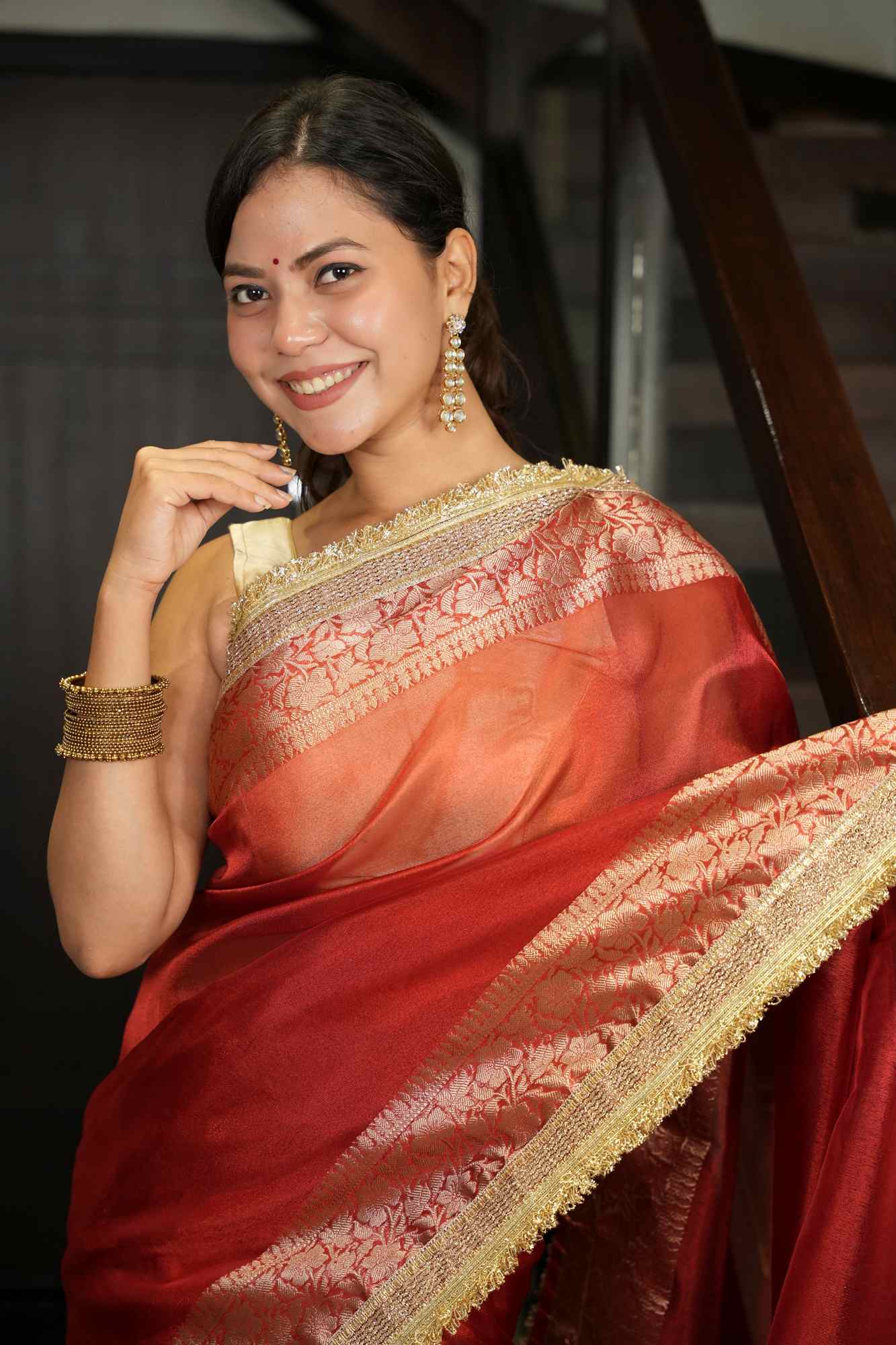 Red Tissue Silk with Golden Zari Weave & Ornate Border Ready To Wear Saree