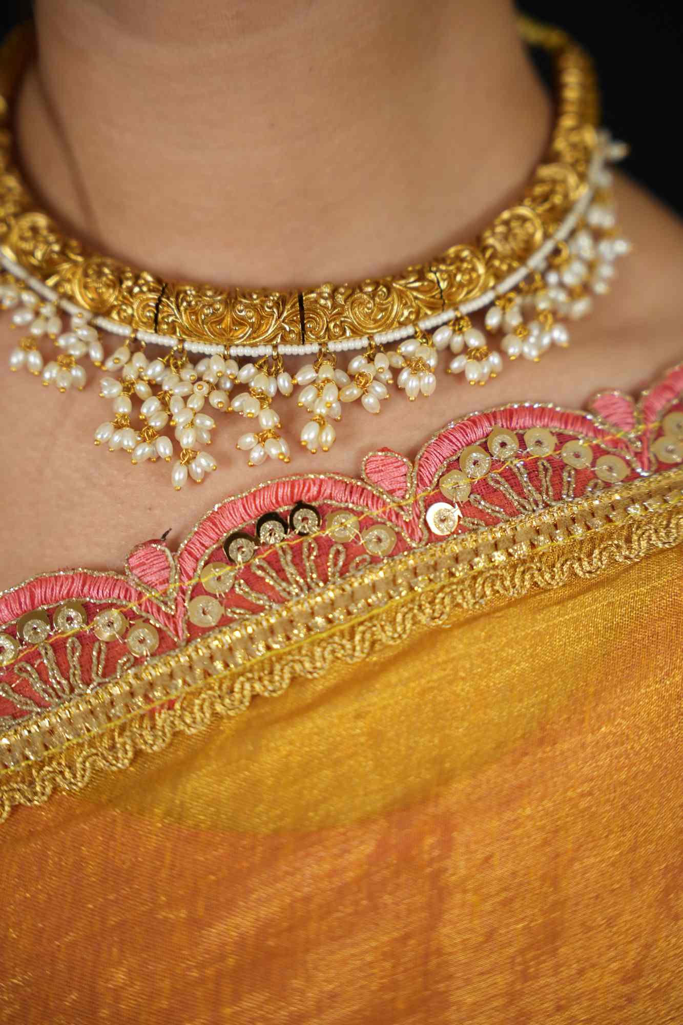 Regal Heritage Gold Necklace Set with Pearl Embellishments & Matching Earrings