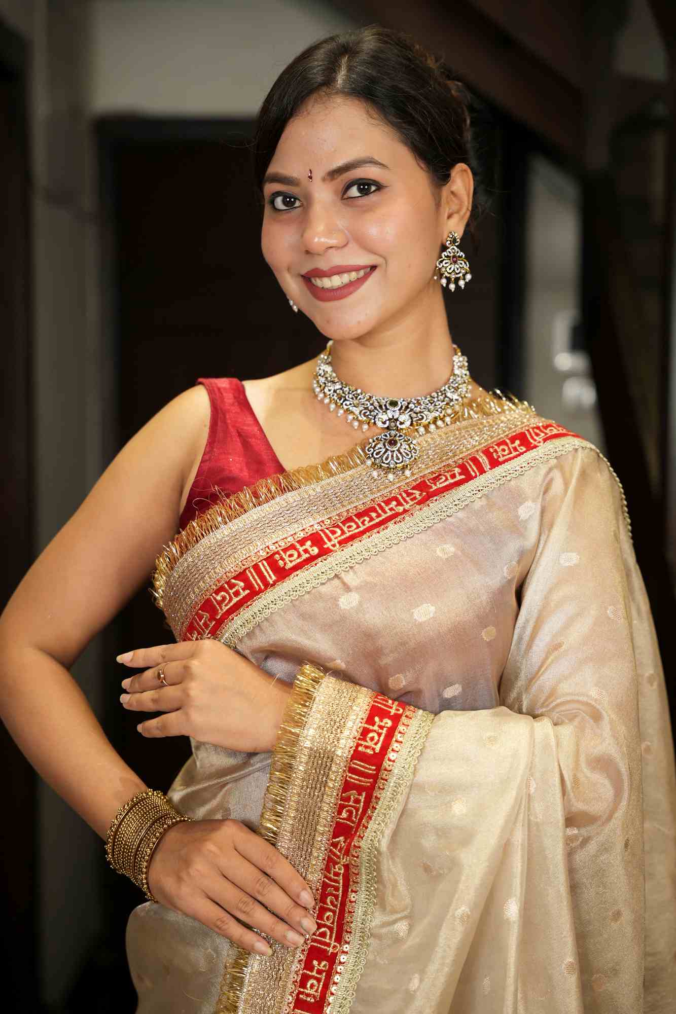 Diwali Special - Tissue Silk with “Sada Saubhagyavati Bhava” zari Border Ready To Wear Saree