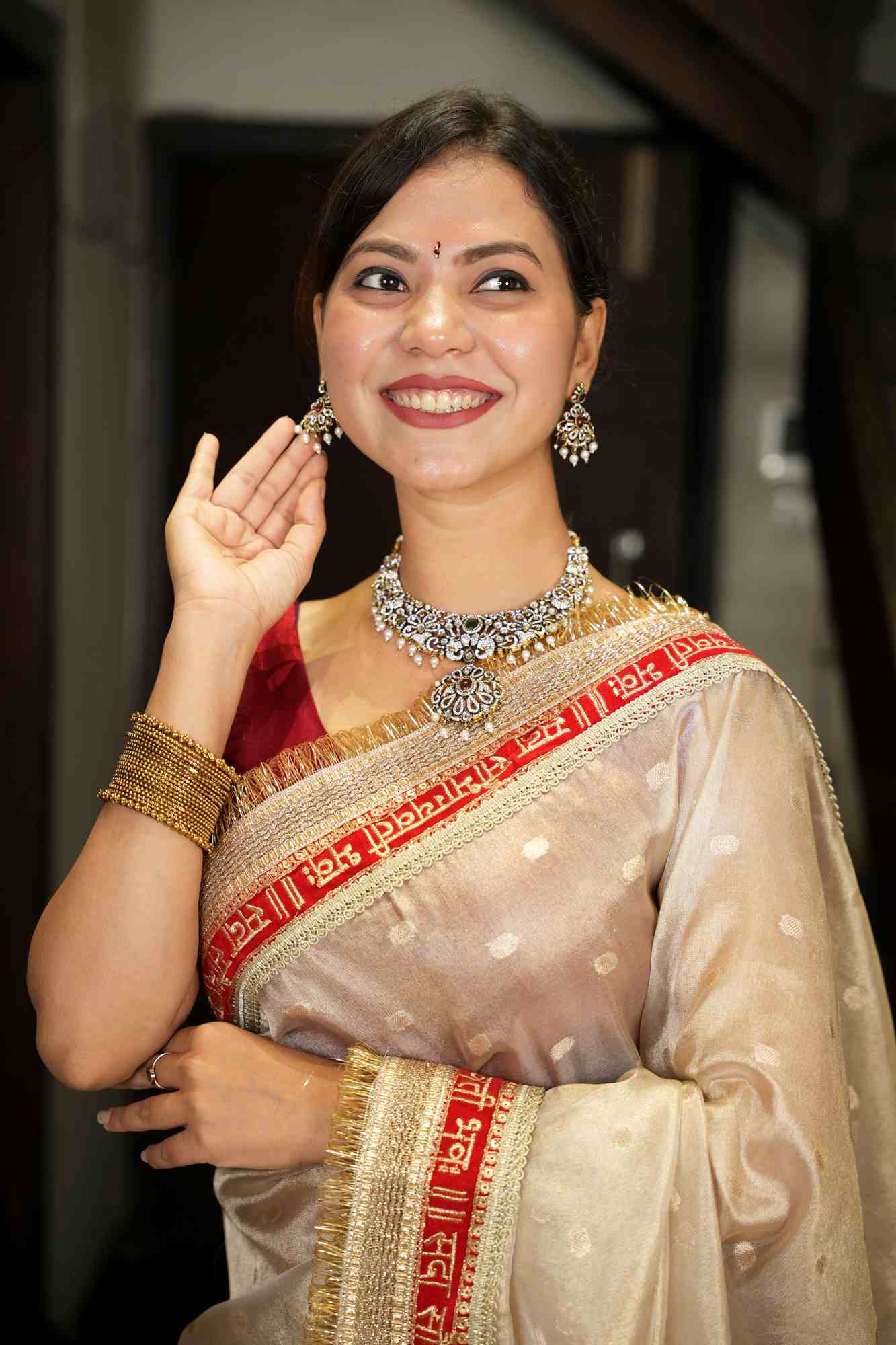 Diwali Special - Tissue Silk with “Sada Saubhagyavati Bhava” zari Border Ready To Wear Saree