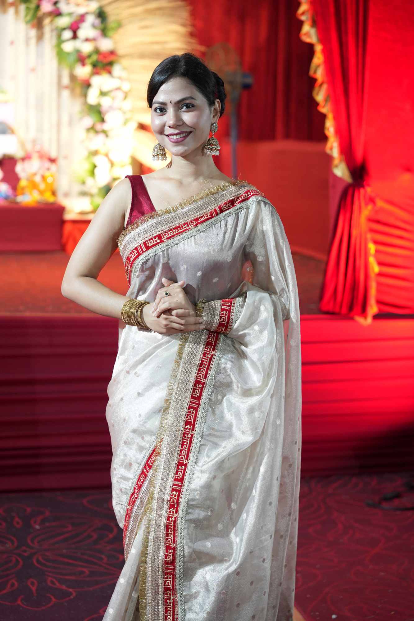 Diwali Special - Tissue Silk with “Sada Saubhagyavati Bhava” zari Border Ready To Wear Saree