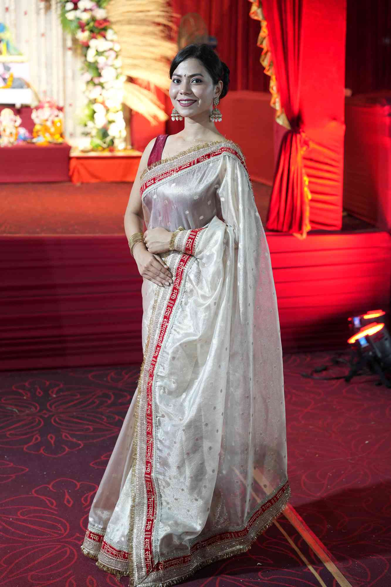 Diwali Special - Tissue Silk with “Sada Saubhagyavati Bhava” zari Border Ready To Wear Saree