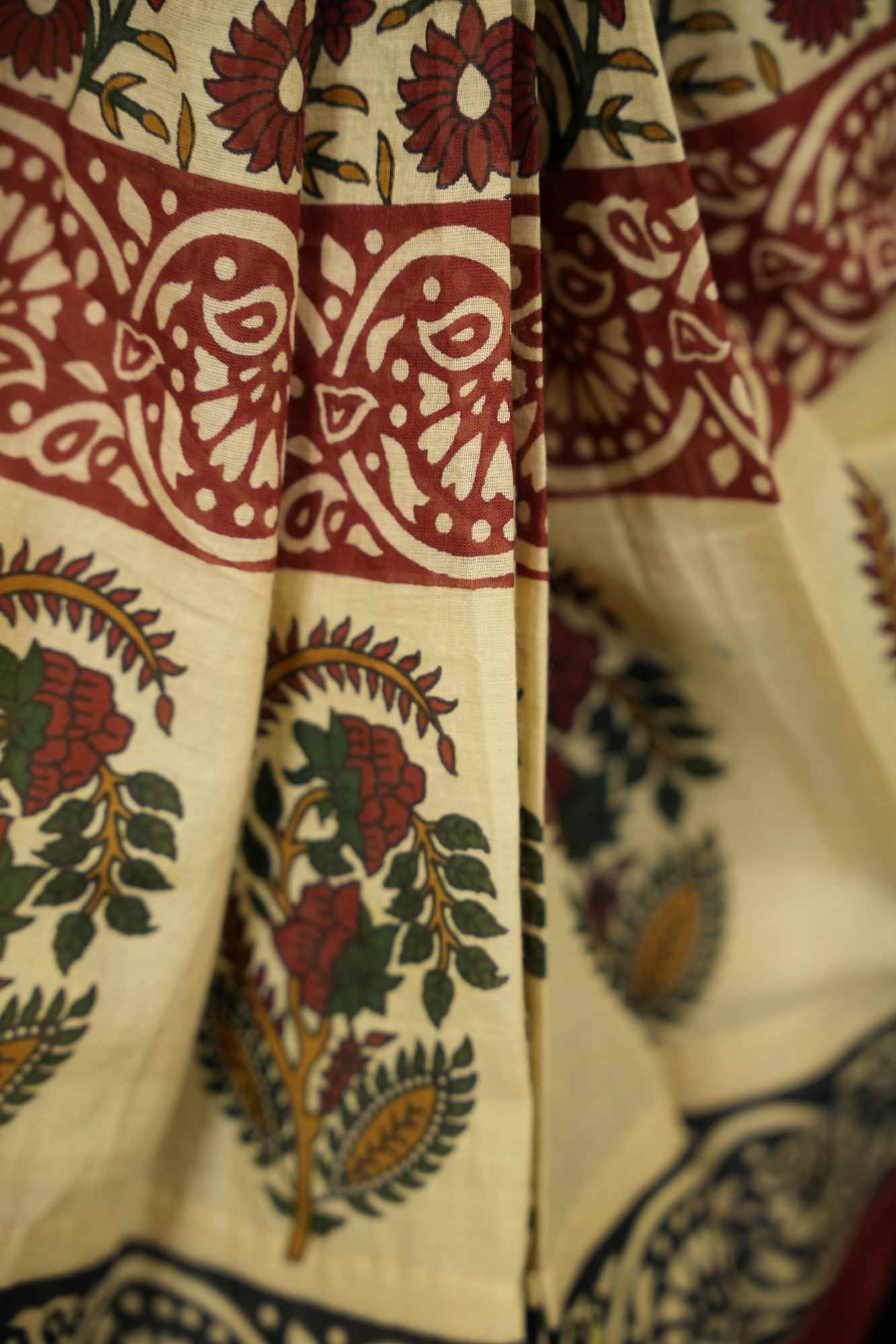 Mul Mul Cotton Kalamkari Hand Printed With Contrast Border Ready to Wear Saree