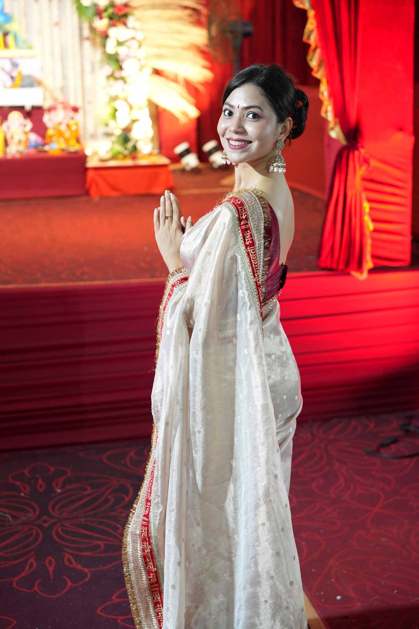 Diwali Special - Tissue Silk with “Sada Saubhagyavati Bhava” zari Border Ready To Wear Saree