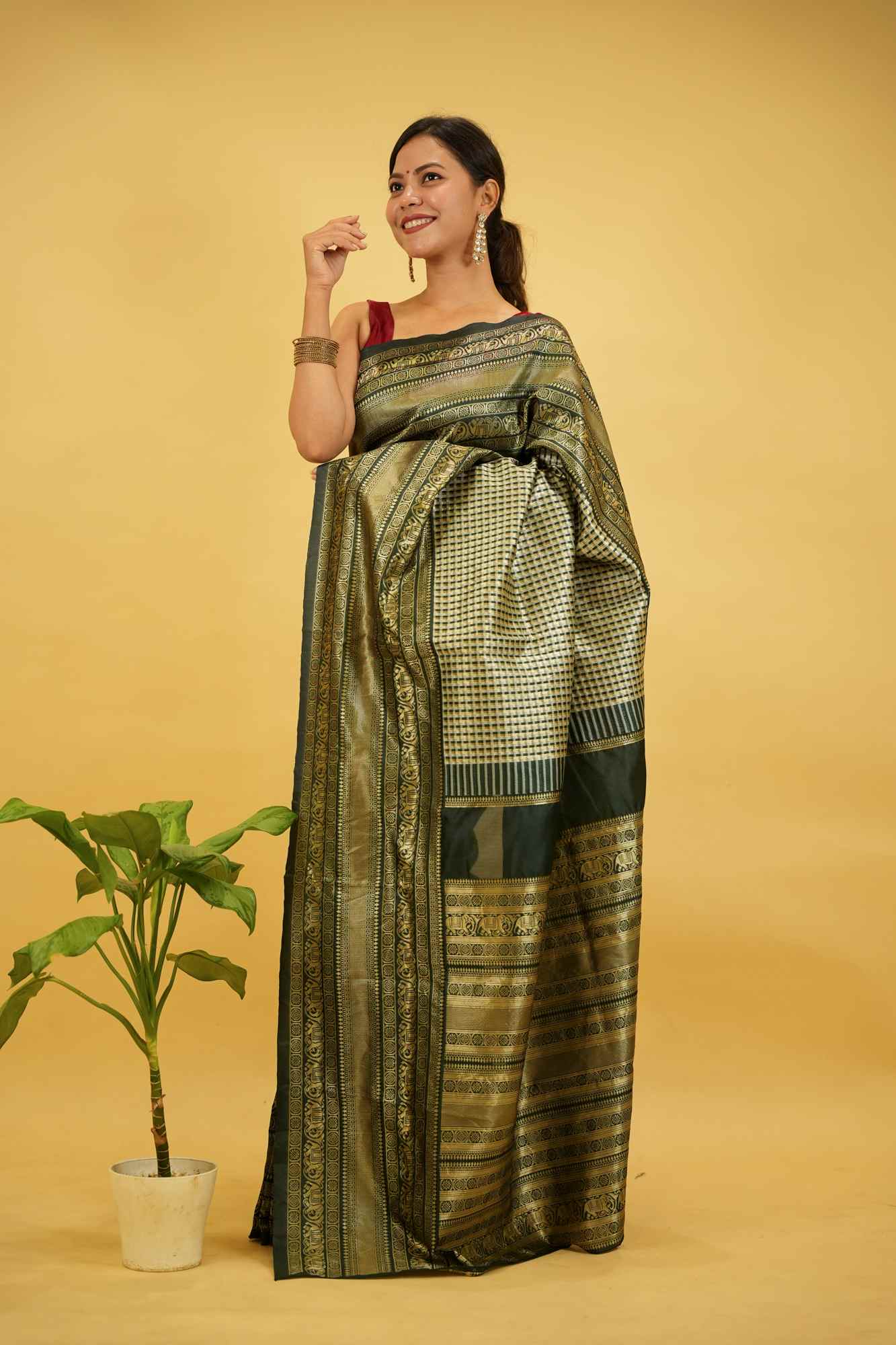 Soft Lichi Silk with Checkered Body and Green Zari Pallu Ready To Wear Saree