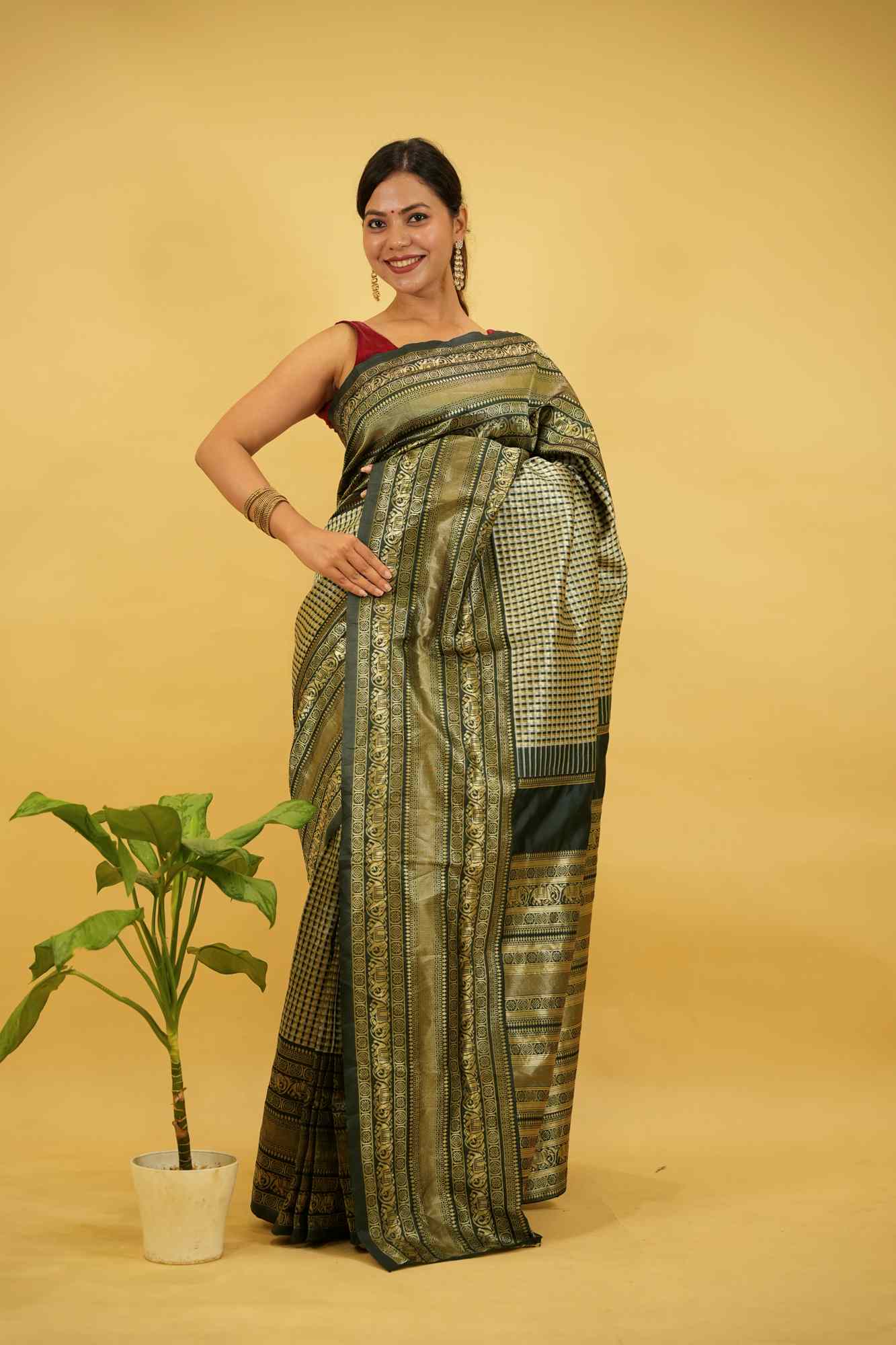 Soft Lichi Silk with Checkered Body and Green Zari Pallu Ready To Wear Saree