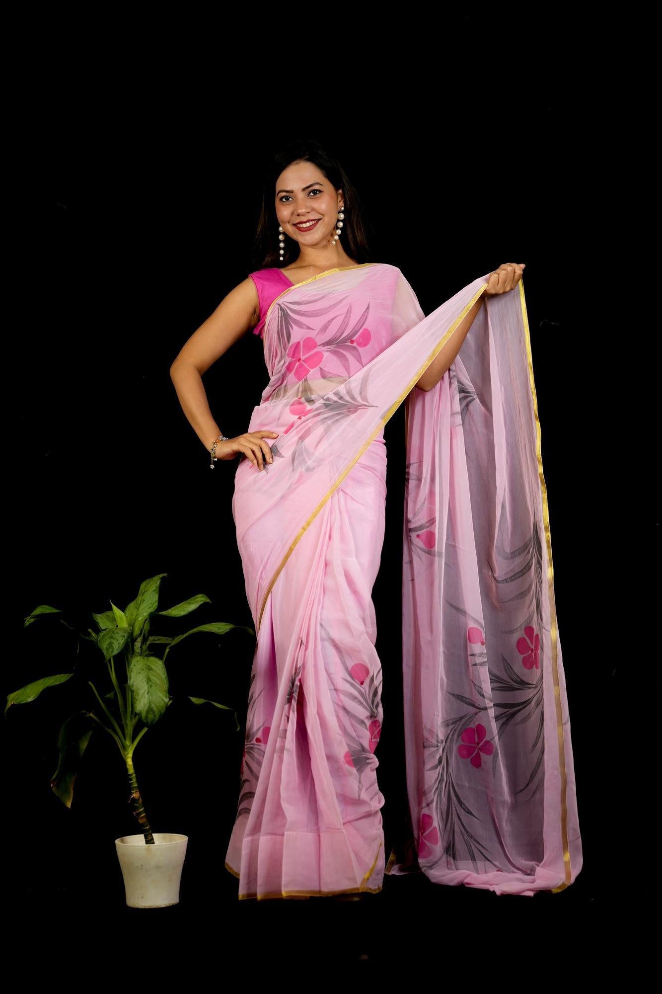 Chiffon Pink Hand-Painted with Delicate Florals & Zari Elegance Ready To Wear Saree