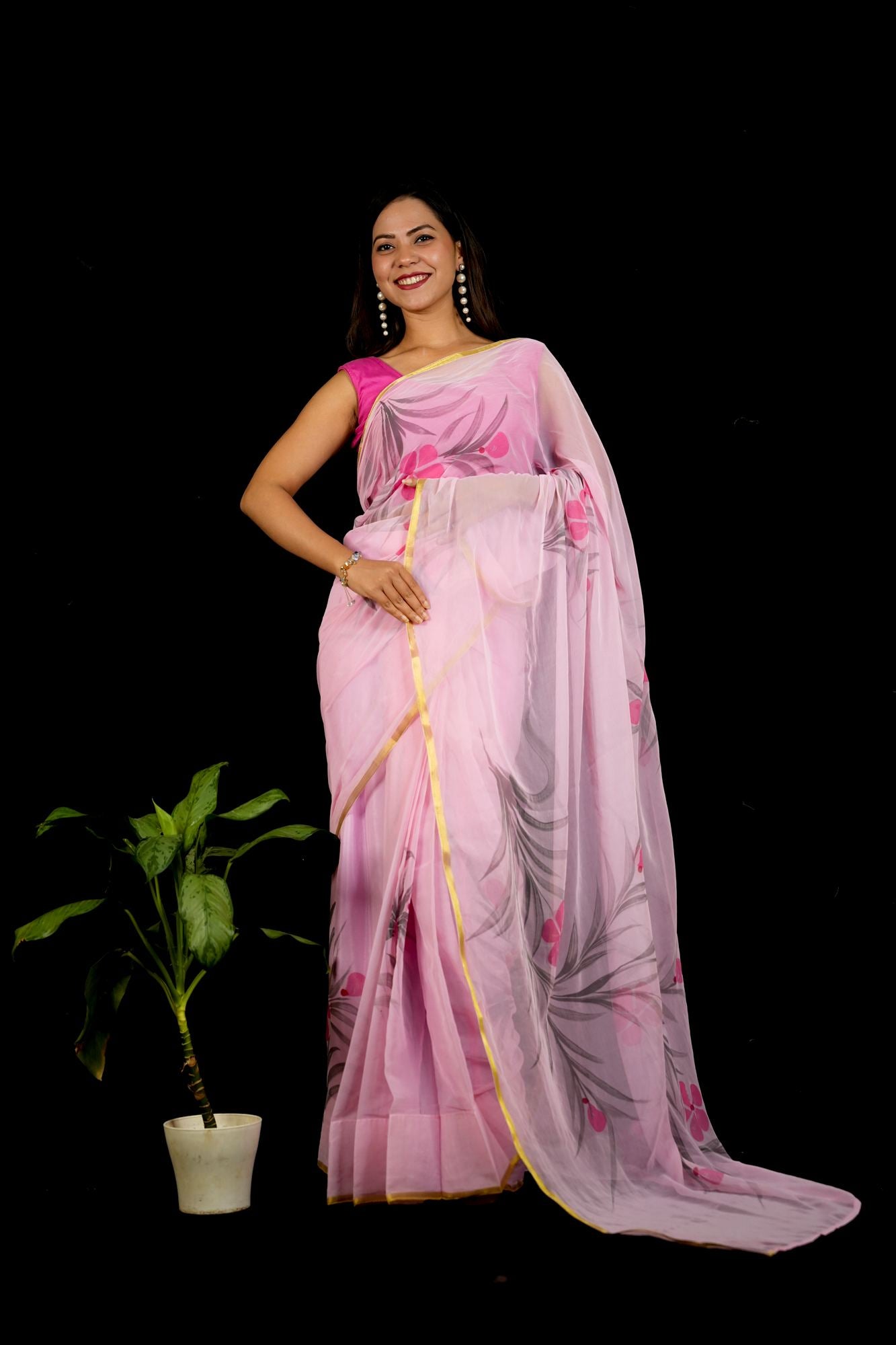Chiffon Pink Hand-Painted with Delicate Florals & Zari Elegance Ready To Wear Saree