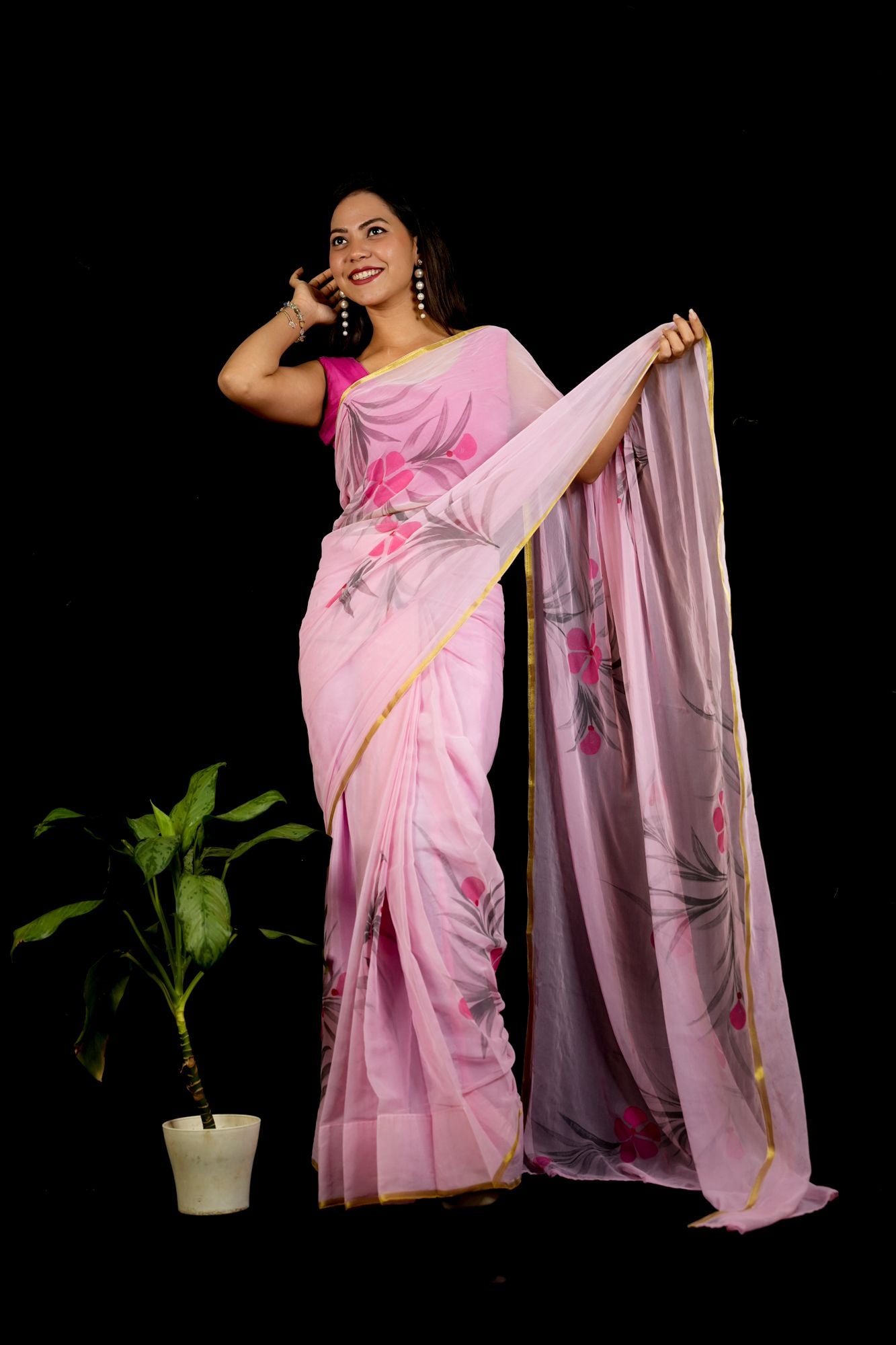 Chiffon Pink Hand-Painted with Delicate Florals & Zari Elegance Ready To Wear Saree