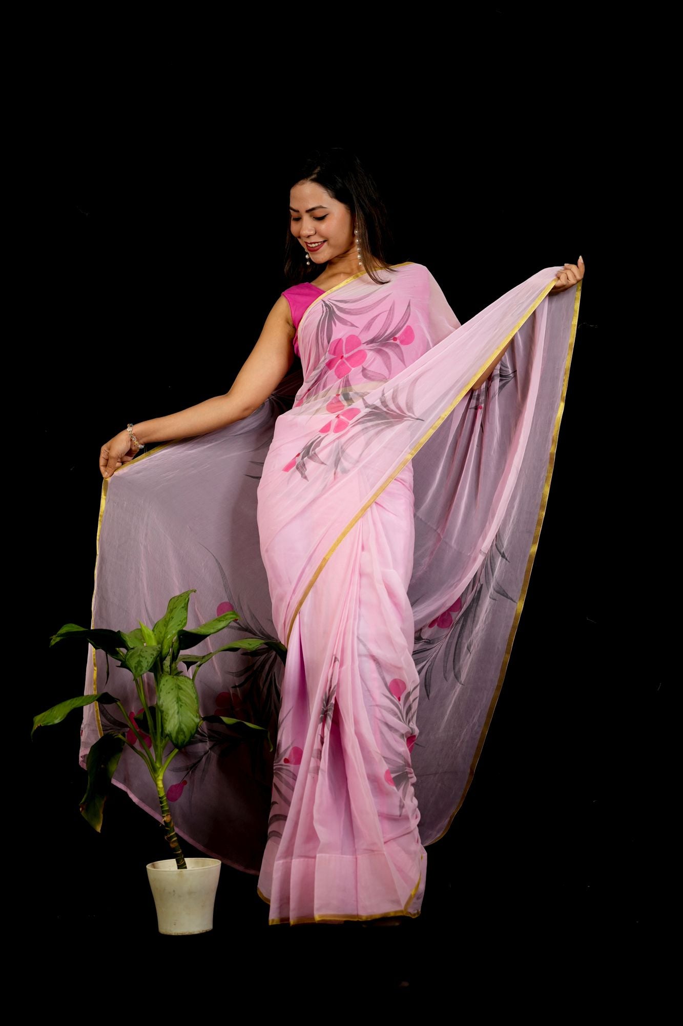 Chiffon Pink Hand-Painted with Delicate Florals & Zari Elegance Ready To Wear Saree