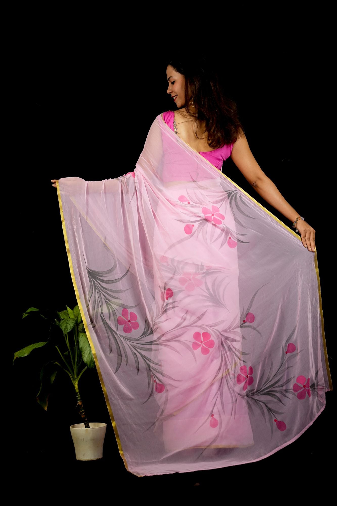 Chiffon Pink Hand-Painted with Delicate Florals & Zari Elegance Ready To Wear Saree