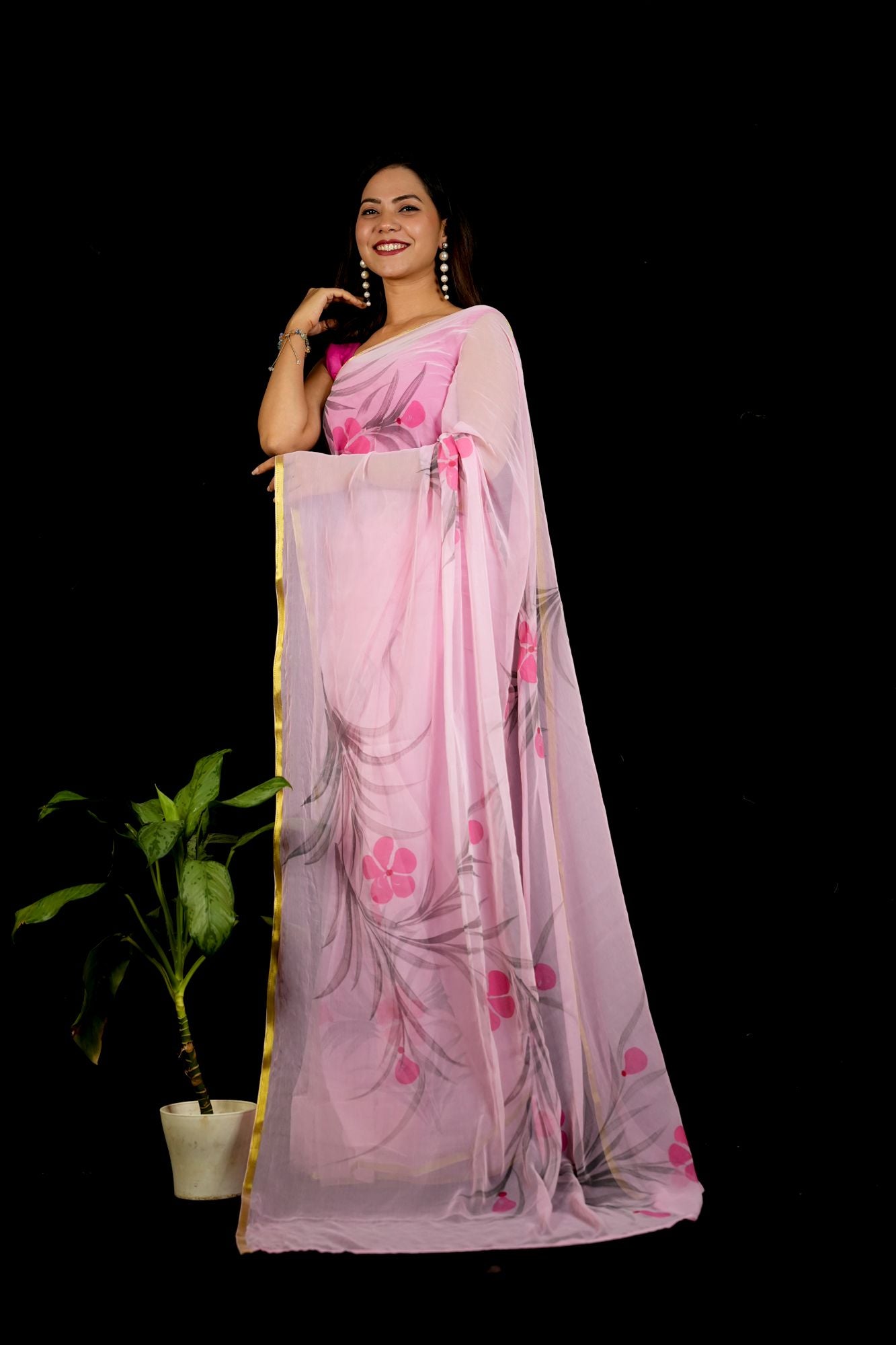 Chiffon Pink Hand-Painted with Delicate Florals & Zari Elegance Ready To Wear Saree