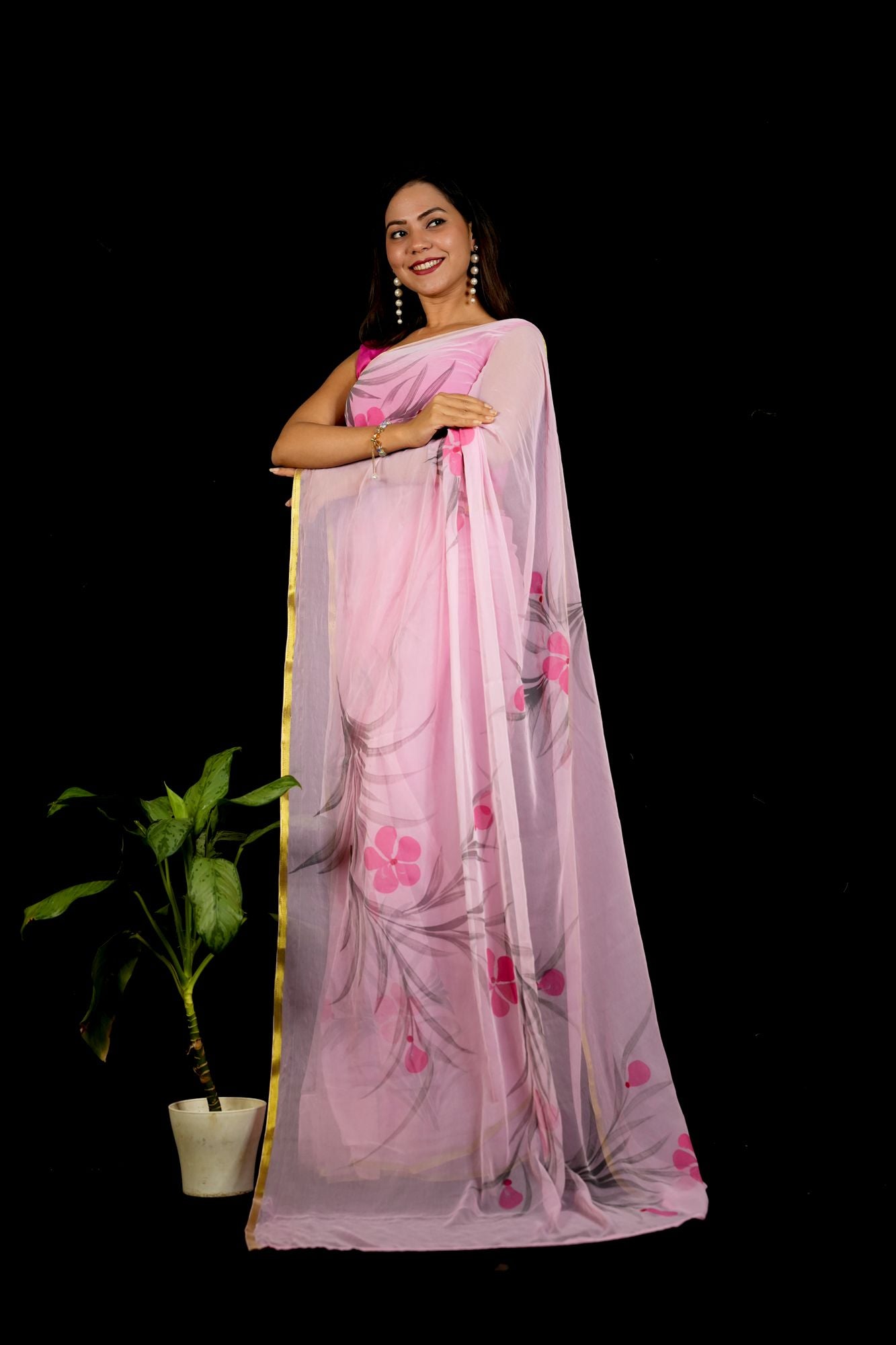 Chiffon Pink Hand-Painted with Delicate Florals & Zari Elegance Ready To Wear Saree