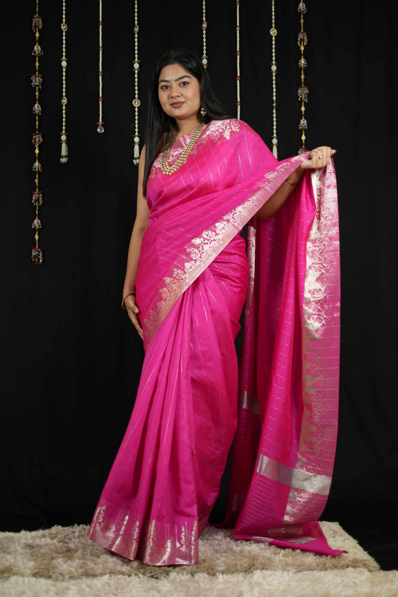 Vibrant Pink in Soft Catlon Silk with Zari Detailing Ready To Wear Saree