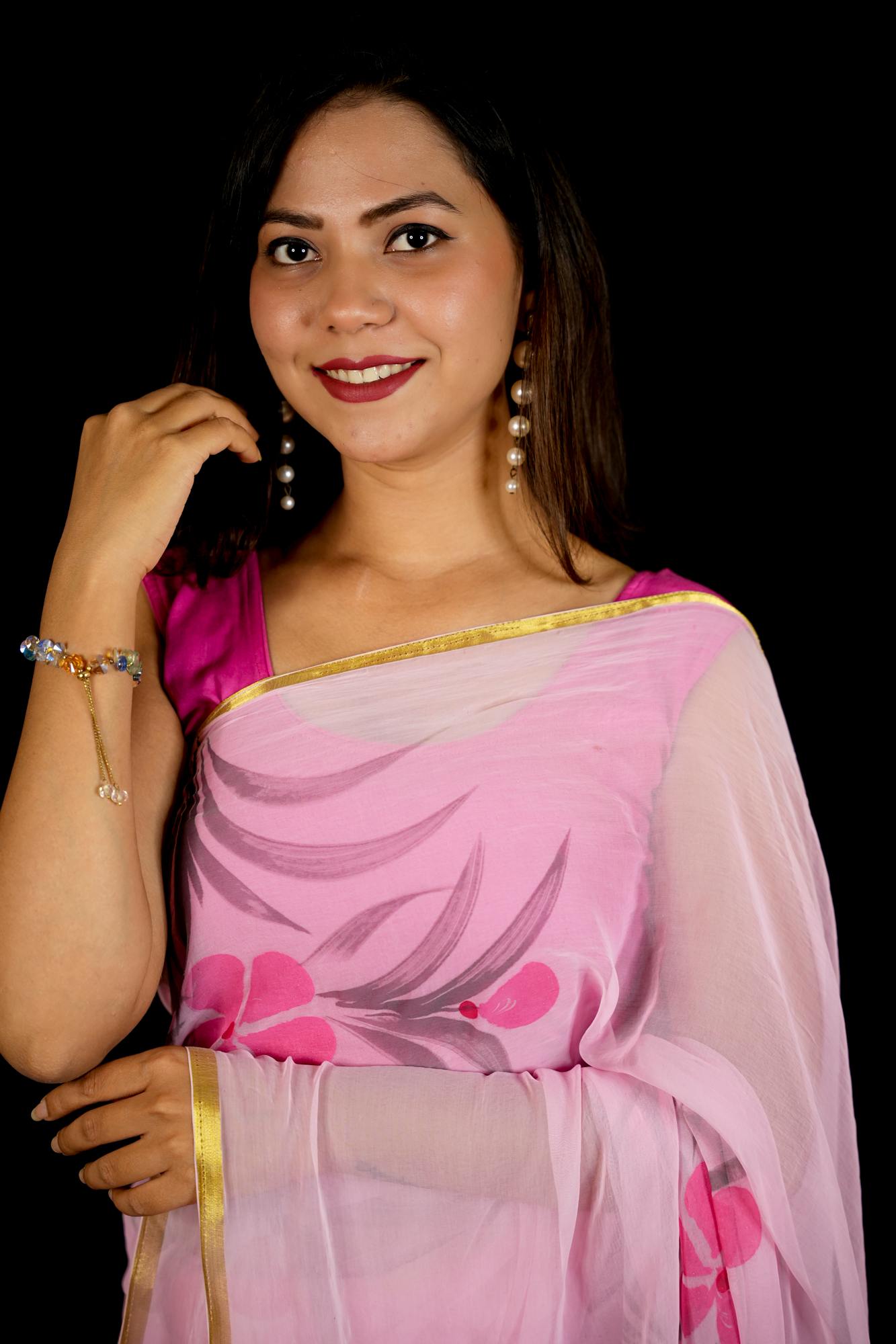 Chiffon Pink Hand-Painted with Delicate Florals & Zari Elegance Ready To Wear Saree
