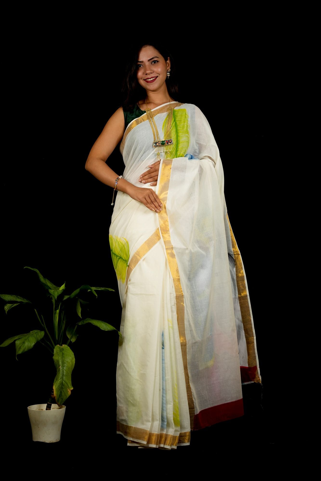 White Cotton Featuring Hand-Painted Krishna with Cow Ready To Wear Saree