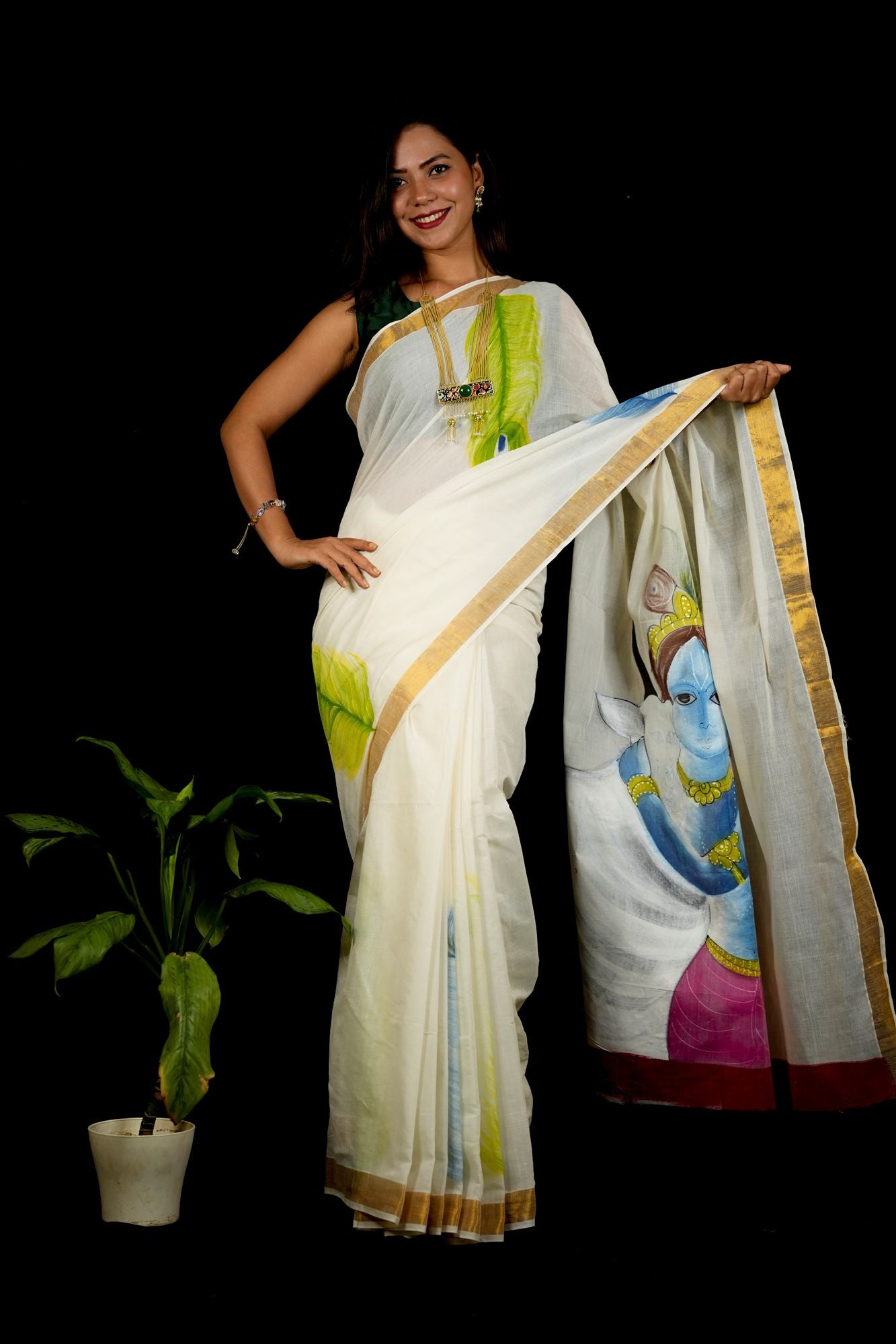 White Cotton Featuring Hand-Painted Krishna with Cow Ready To Wear Saree