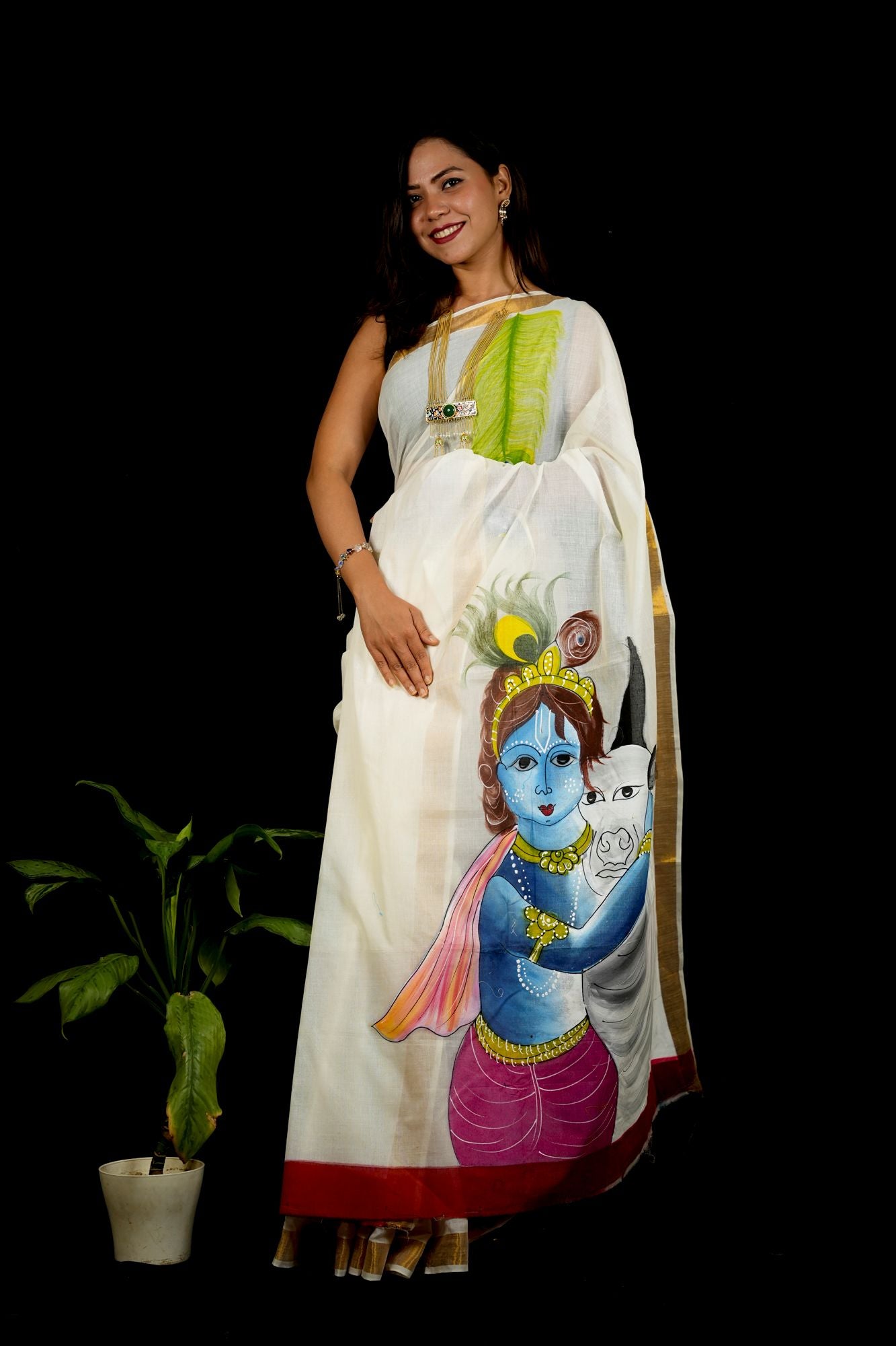 White Cotton Featuring Hand-Painted Krishna with Cow Ready To Wear Saree