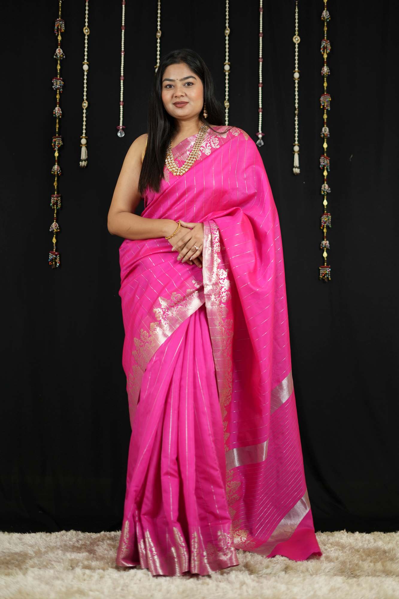 Vibrant Pink in Soft Catlon Silk with Zari Detailing Ready To Wear Saree