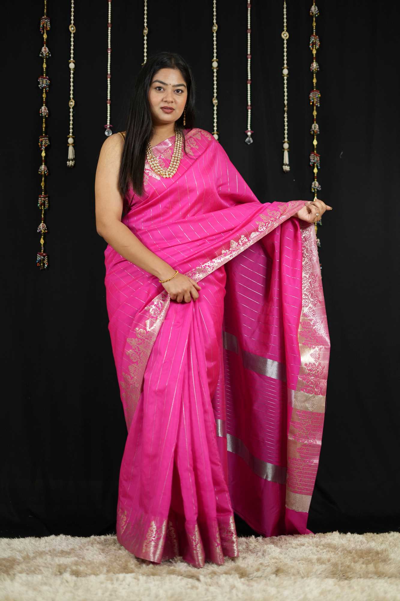 Vibrant Pink in Soft Catlon Silk with Zari Detailing Ready To Wear Saree