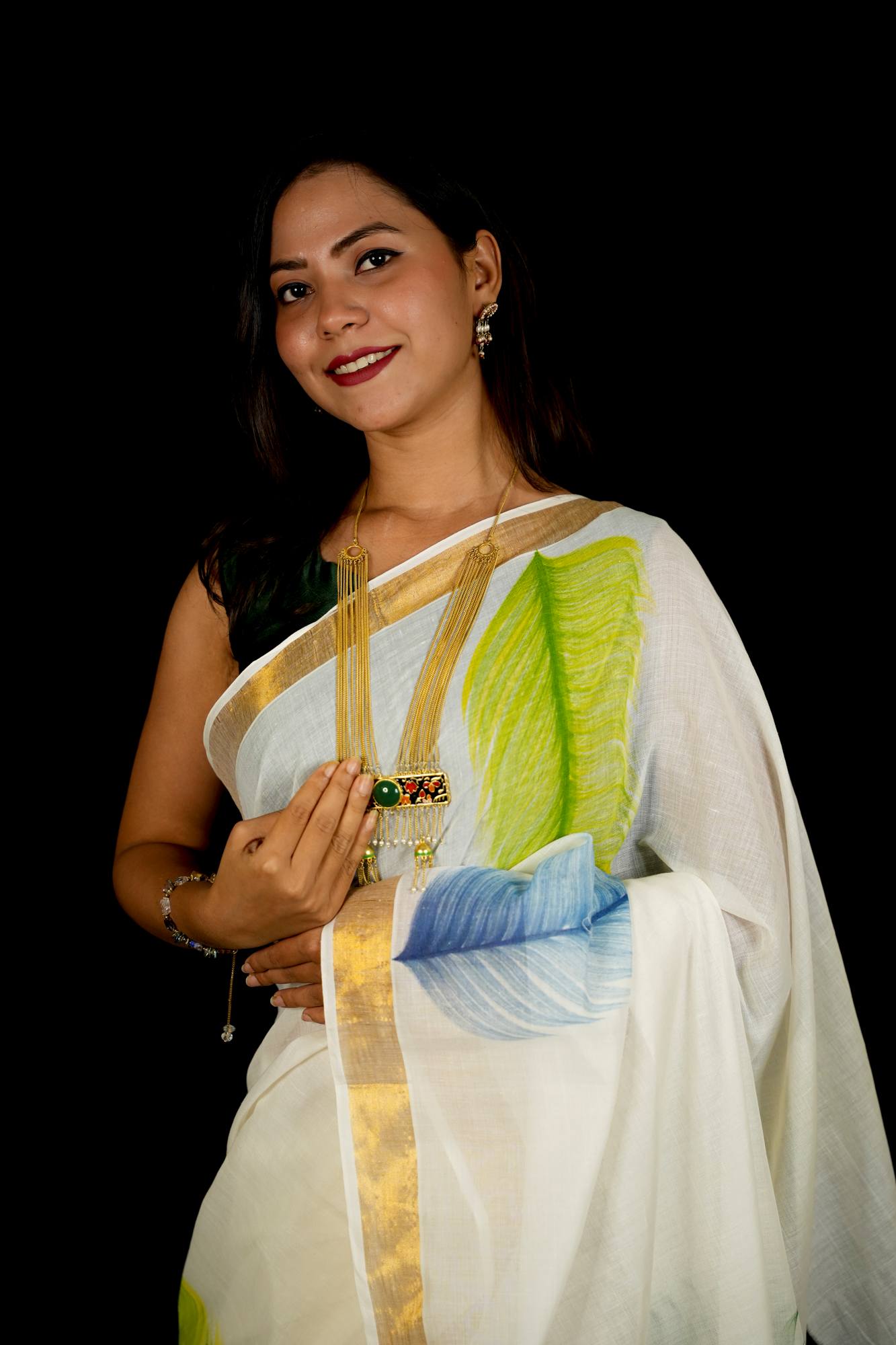 White Cotton Featuring Hand-Painted Krishna with Cow Ready To Wear Saree