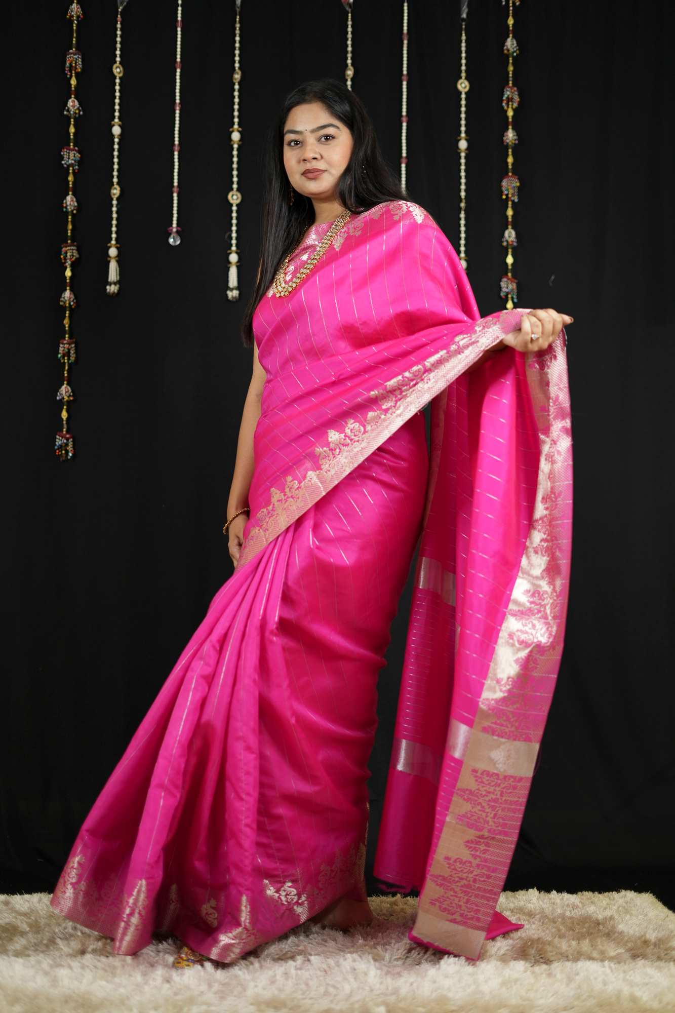 Vibrant Pink in Soft Catlon Silk with Zari Detailing Ready To Wear Saree