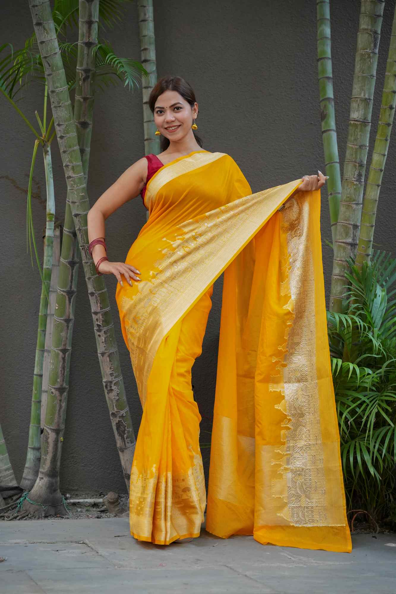 Soft Warm Silk with Zari Ganga Ghat woven Border and Rich Pallu Ready To Wear Saree