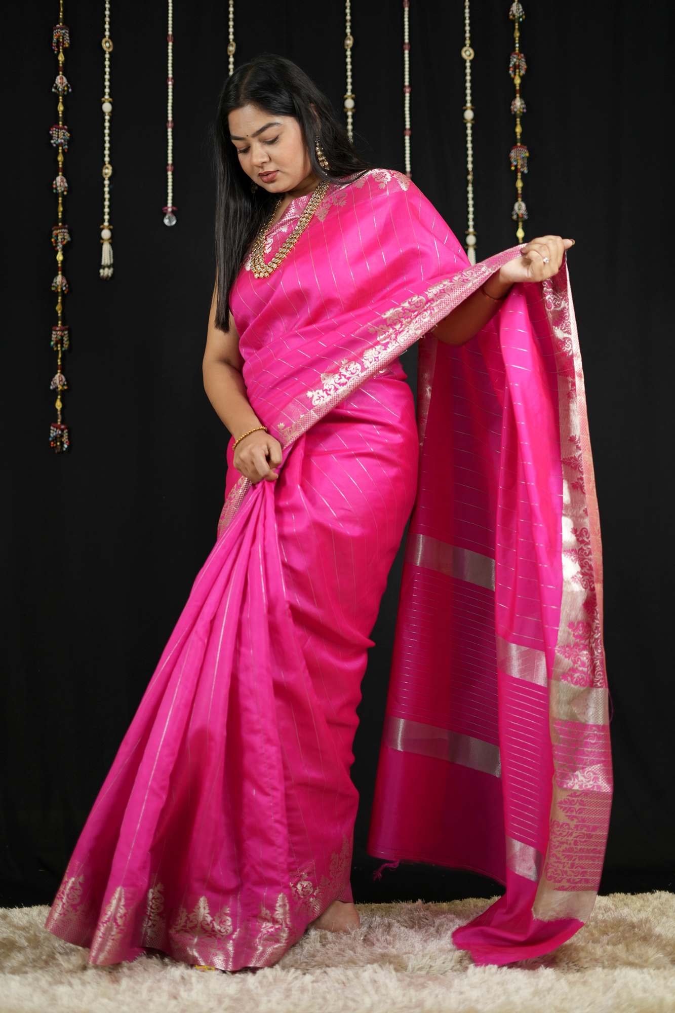Vibrant Pink in Soft Catlon Silk with Zari Detailing Ready To Wear Saree