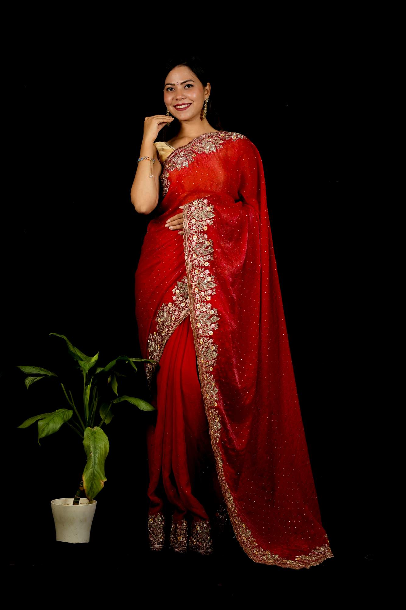 Red Chiffon Satin Silk with Luxurious Zardozi & Sequin Embellished Border Ready To Wear Saree