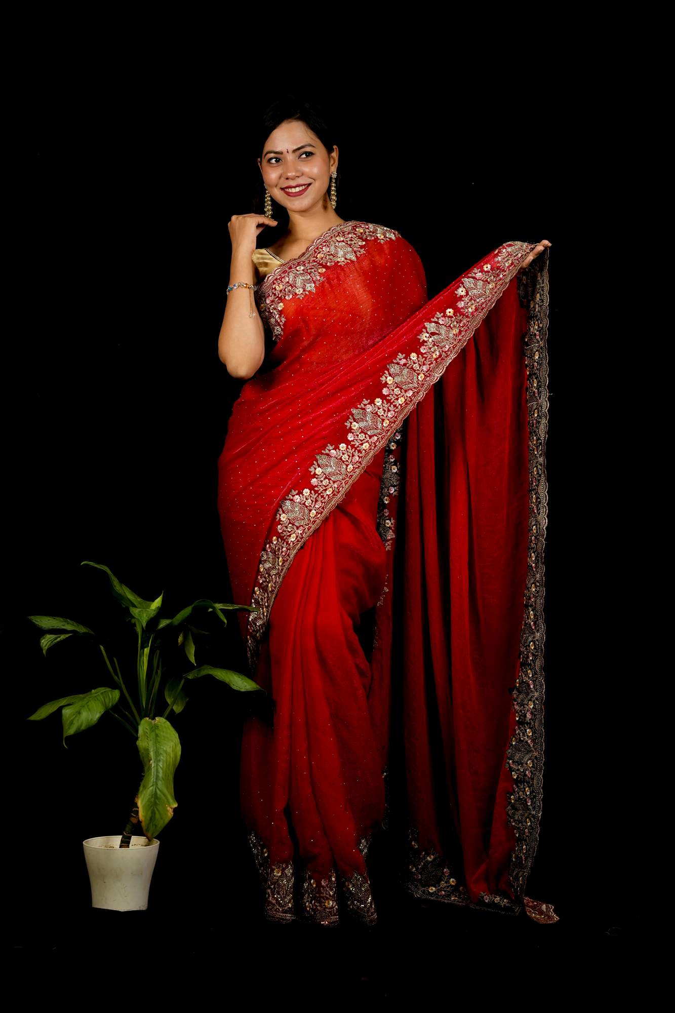 Red Chiffon Satin Silk with Luxurious Zardozi & Sequin Embellished Border Ready To Wear Saree