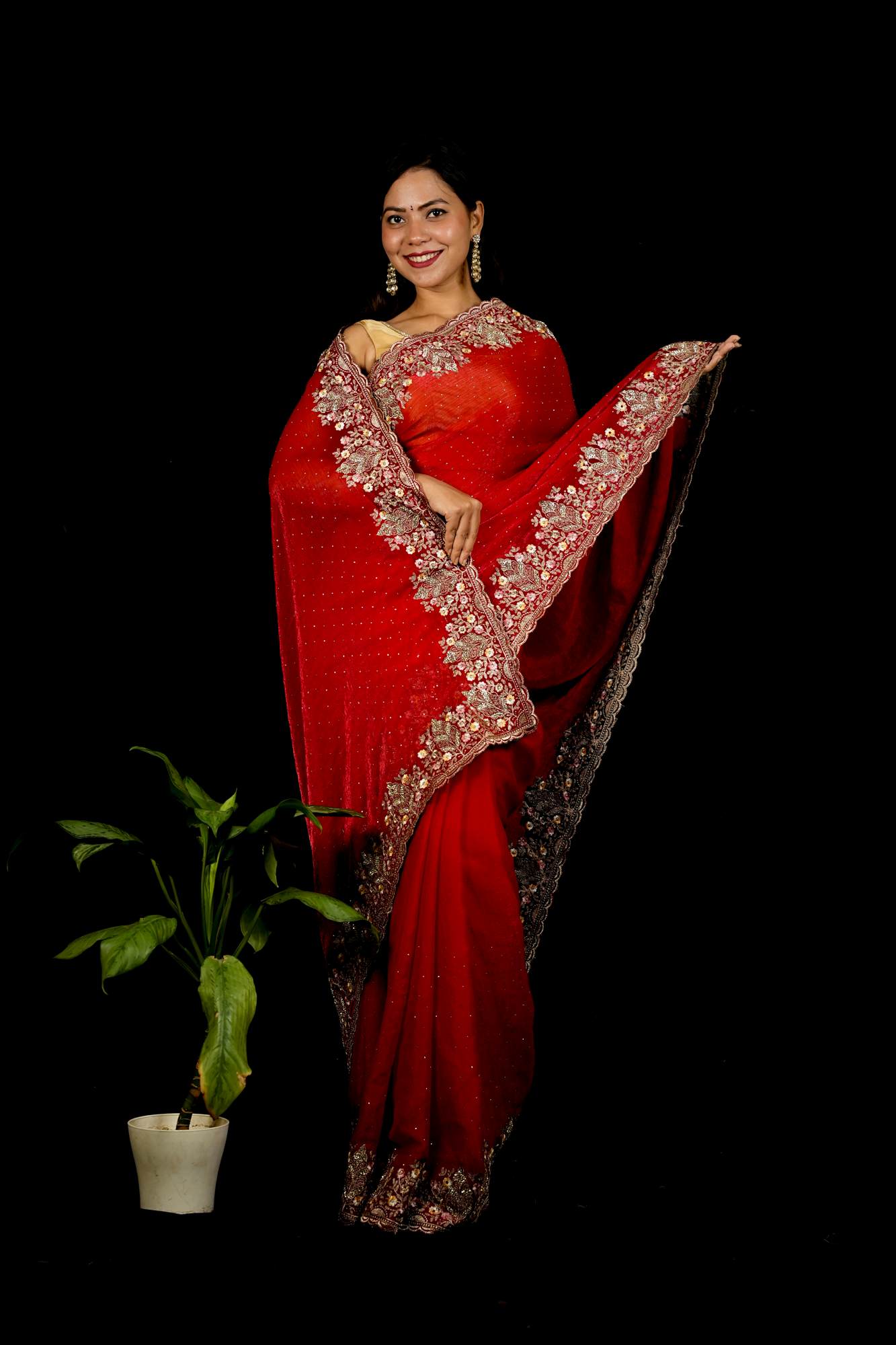 Red Chiffon Satin Silk with Luxurious Zardozi & Sequin Embellished Border Ready To Wear Saree