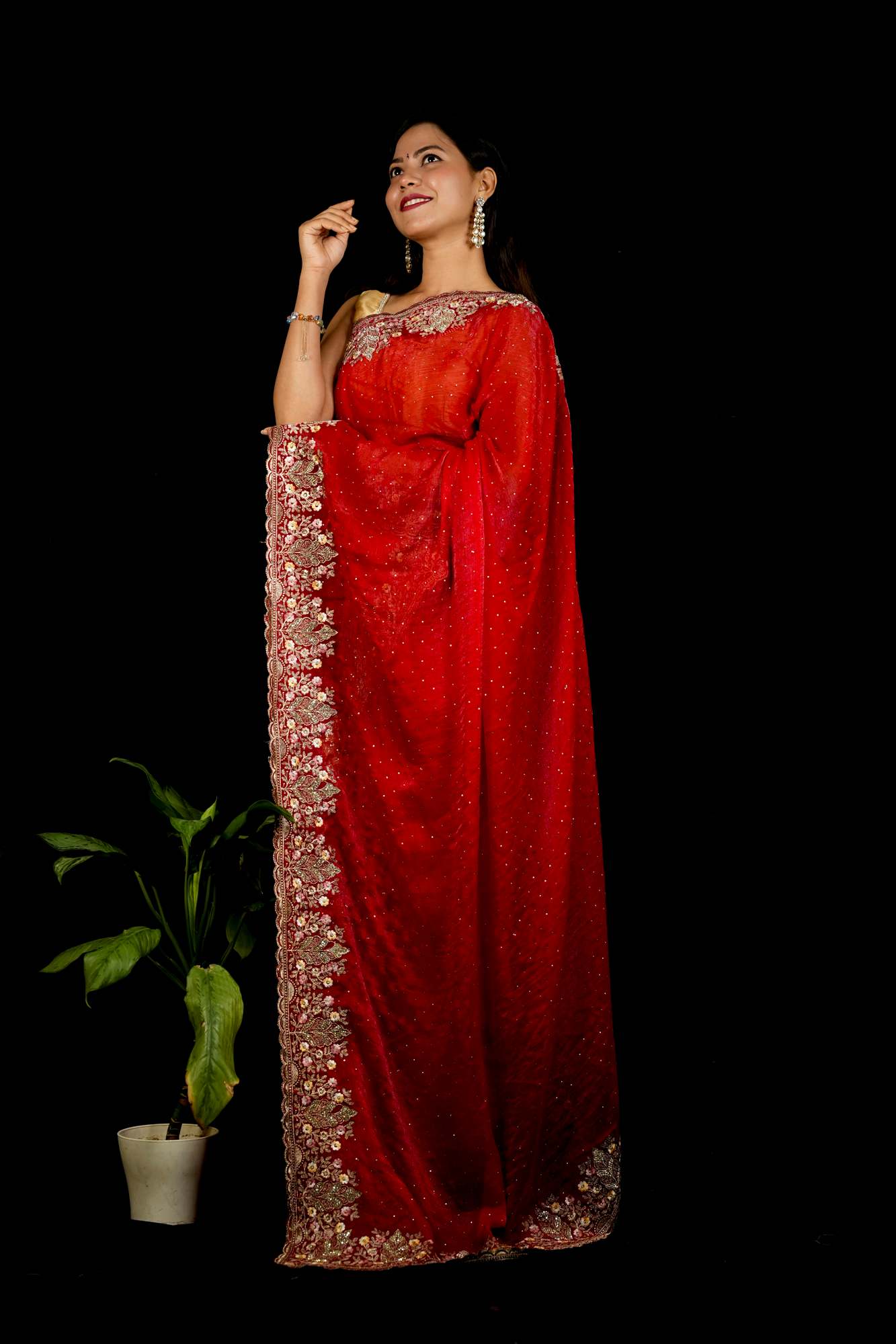 Red Chiffon Satin Silk with Luxurious Zardozi & Sequin Embellished Border Ready To Wear Saree
