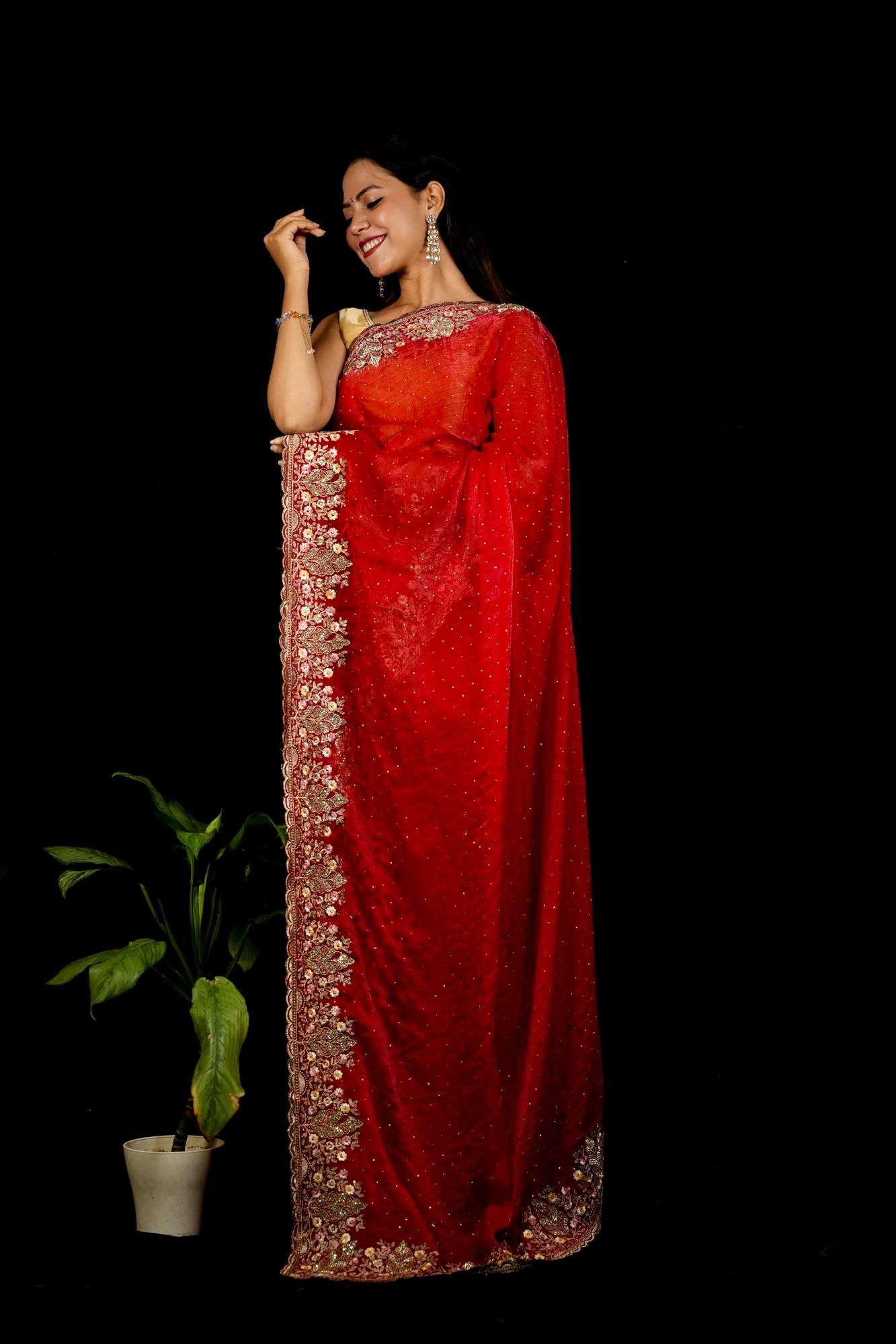 Red Chiffon Satin Silk with Luxurious Zardozi & Sequin Embellished Border Ready To Wear Saree