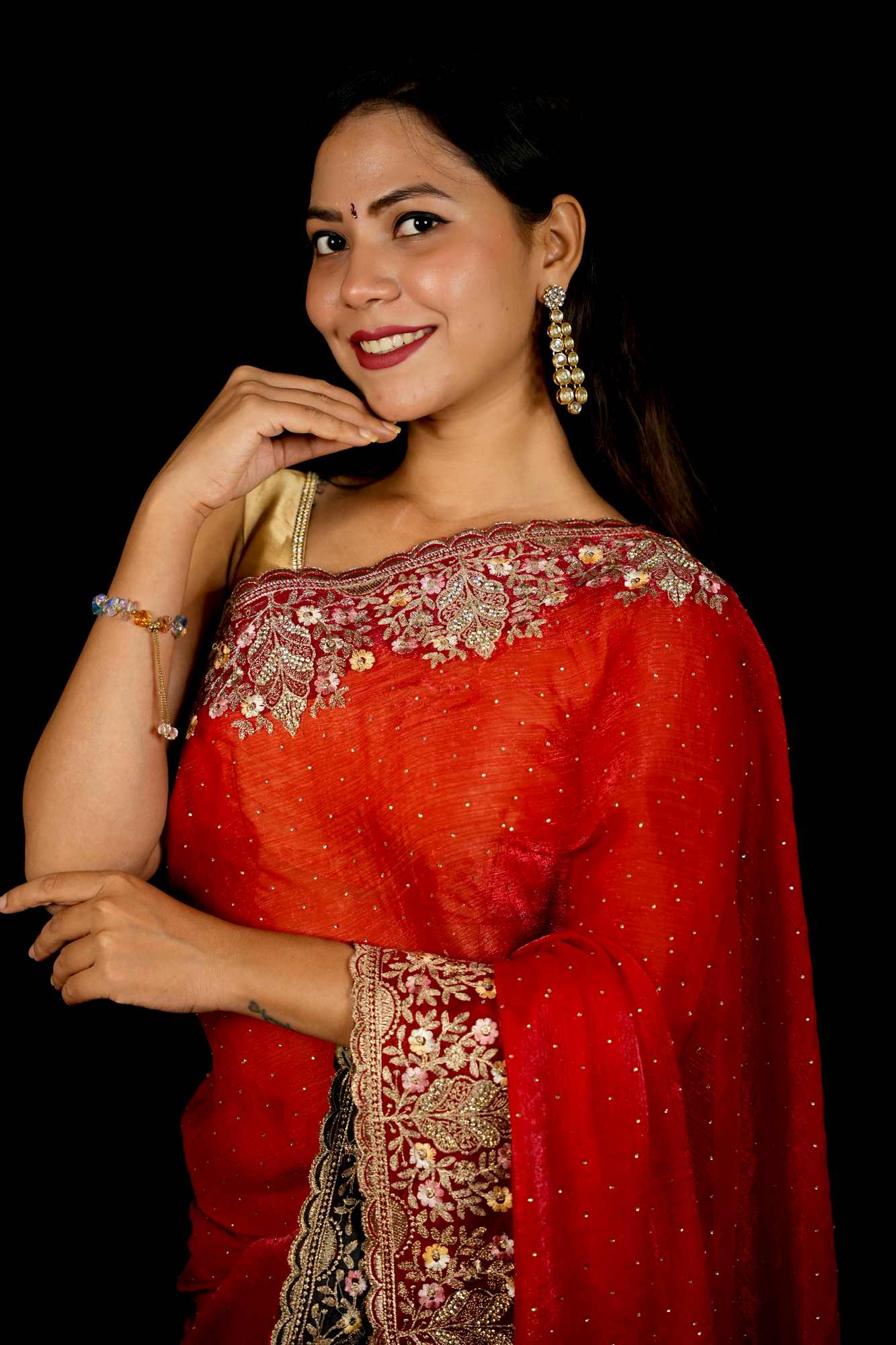 Red Chiffon Satin Silk with Luxurious Zardozi & Sequin Embellished Border Ready To Wear Saree