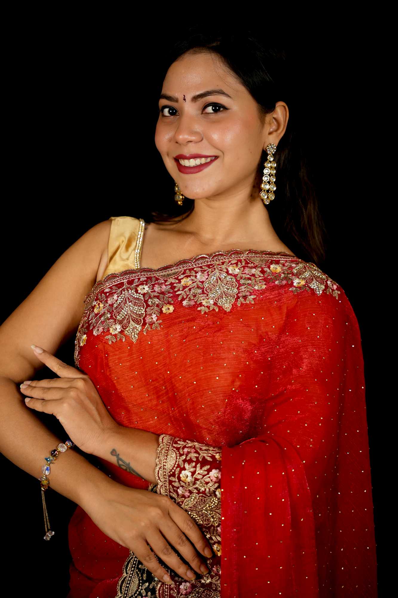 Red Chiffon Satin Silk with Luxurious Zardozi & Sequin Embellished Border Ready To Wear Saree