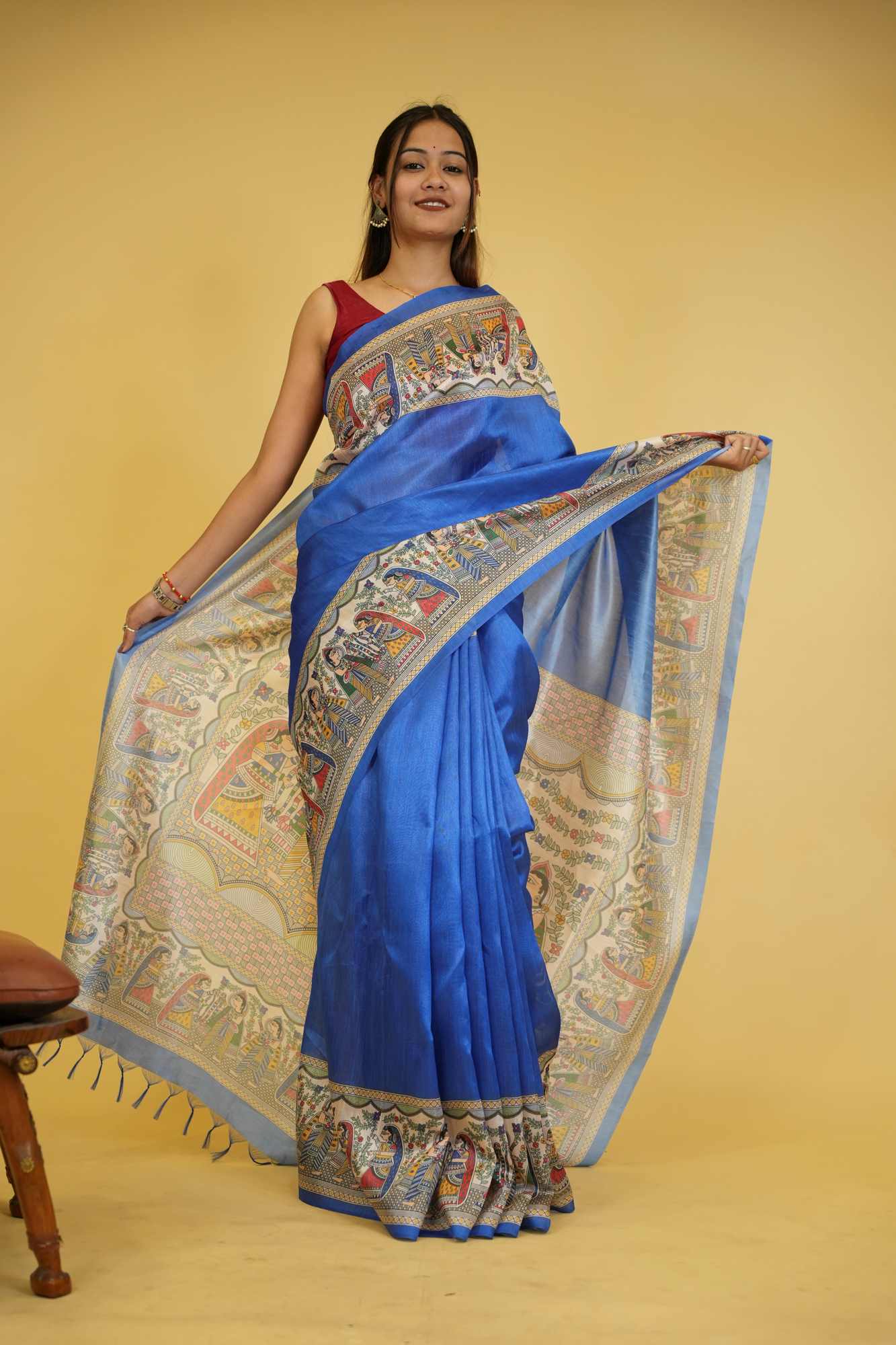 Elegant Blue Semi Ghicha Tussar Silk Saree with Madhubani ready to wear saree