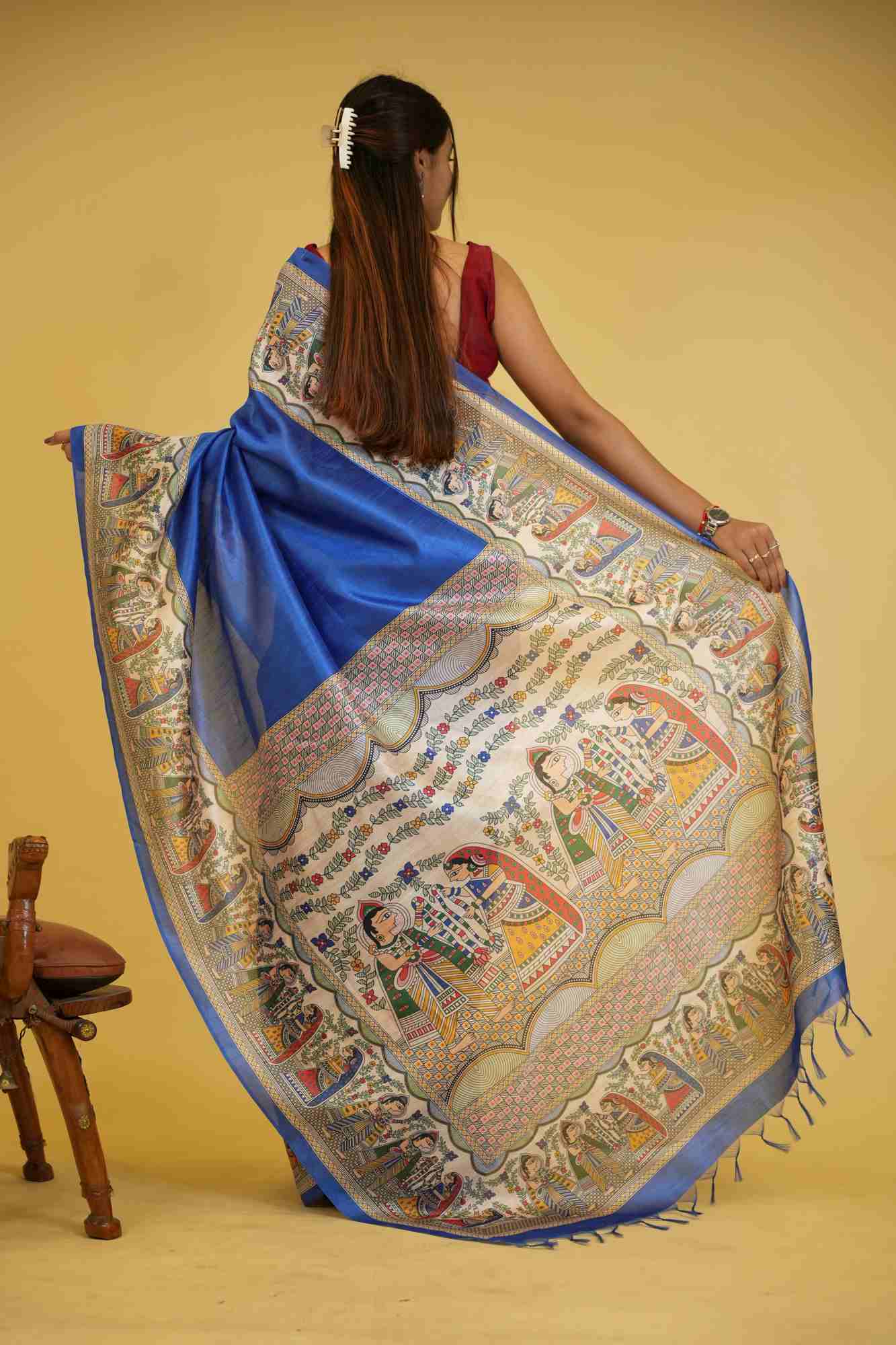Elegant Blue Semi Ghicha Tussar Silk Saree with Madhubani ready to wear saree