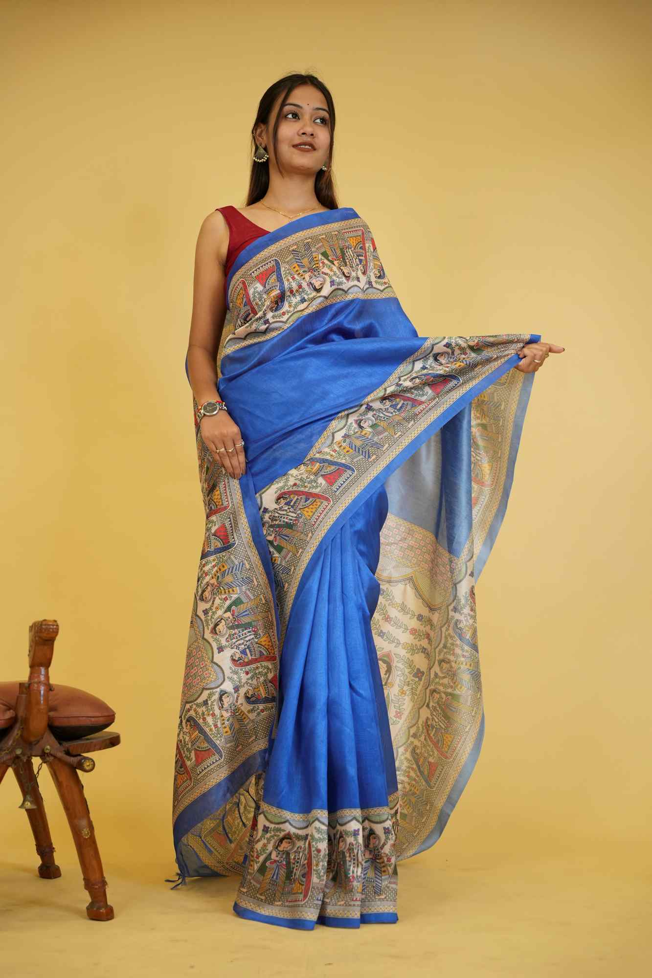 Elegant Blue Semi Ghicha Tussar Silk Saree with Madhubani ready to wear saree