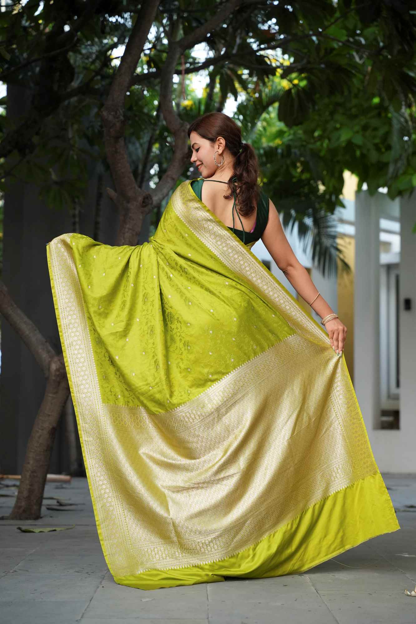 Luxury Edit - Banarasi Mashru Silk Ready-to-Wear Saree with All-Over Zari Buti & Royal Heritage Weave