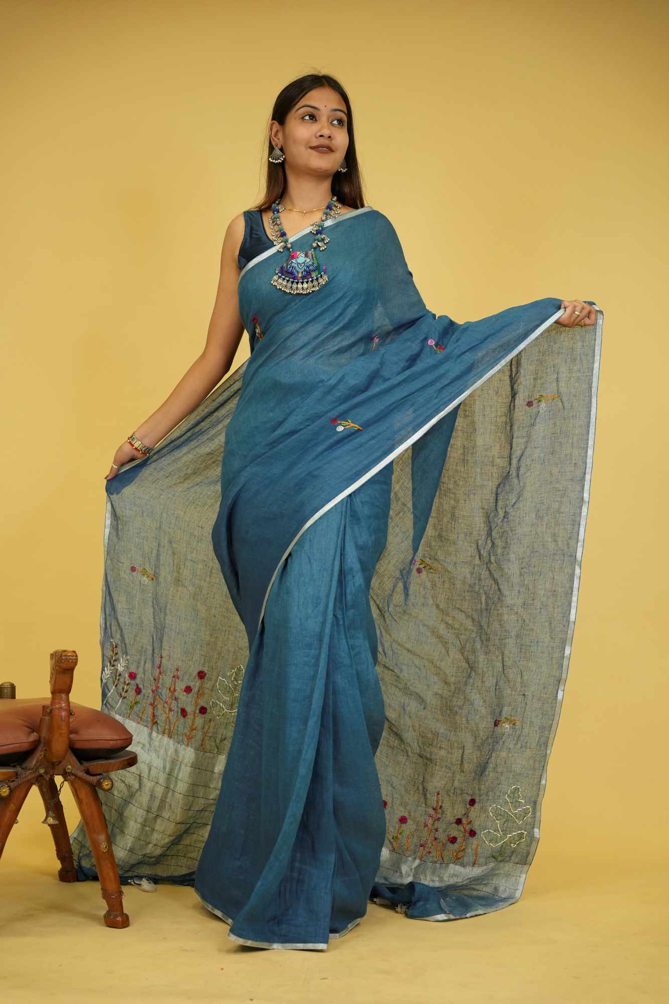 Blue Linen Silk Ready to wear Saree with Hand Woven & Floral Embroidery Work
