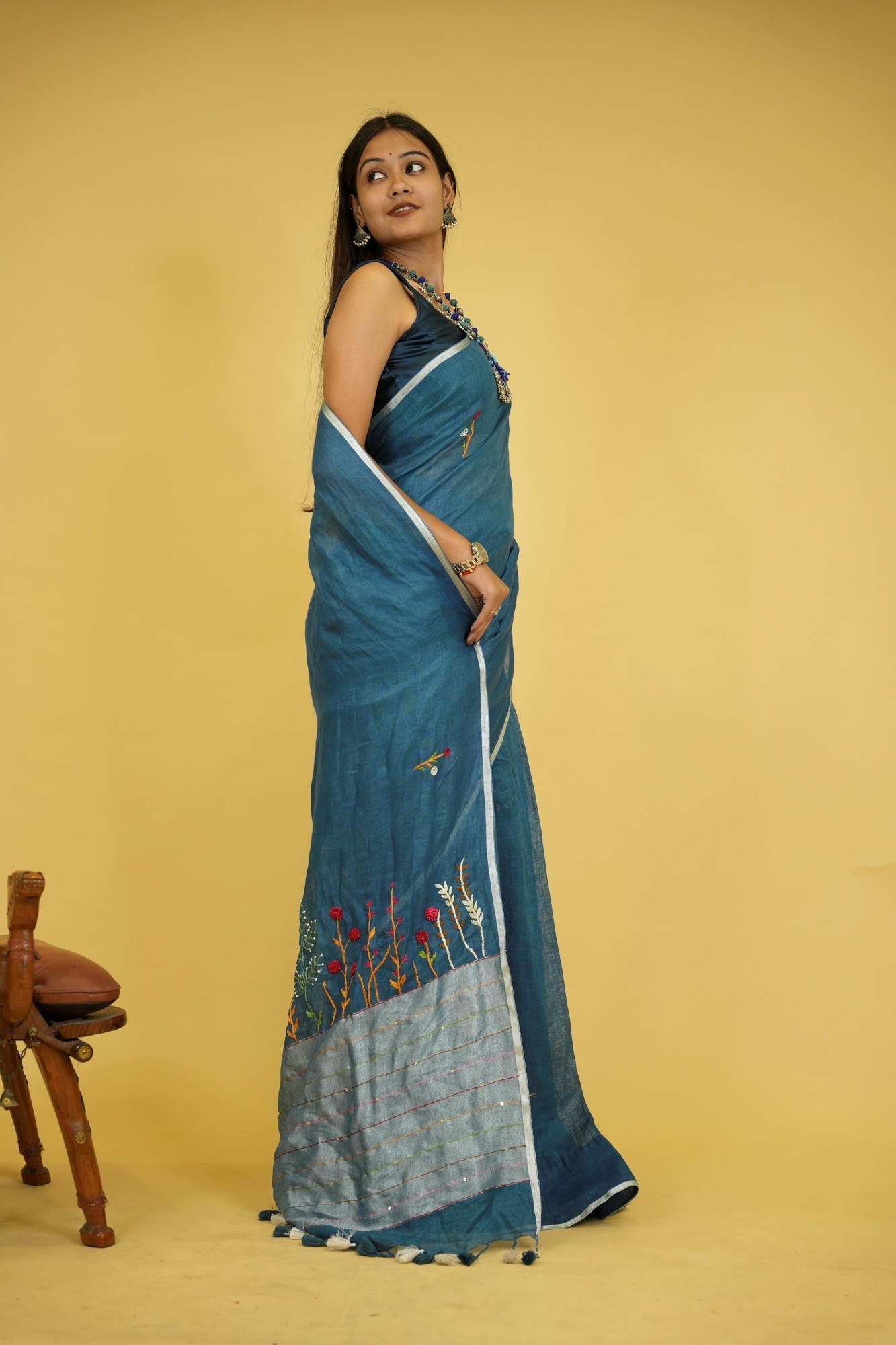 Blue Linen Silk Ready to wear Saree with Hand Woven & Floral Embroidery Work