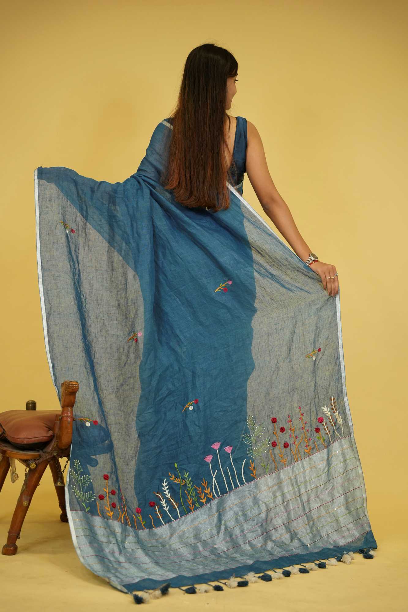 Blue Linen Silk Ready to wear Saree with Hand Woven & Floral Embroidery Work