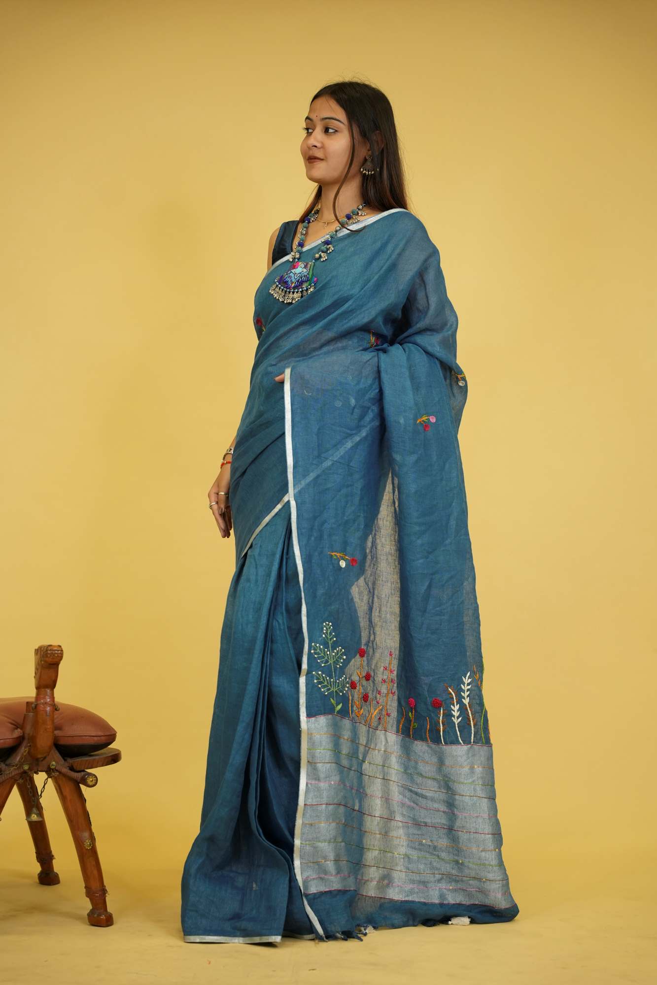 Blue Linen Silk Ready to wear Saree with Hand Woven & Floral Embroidery Work