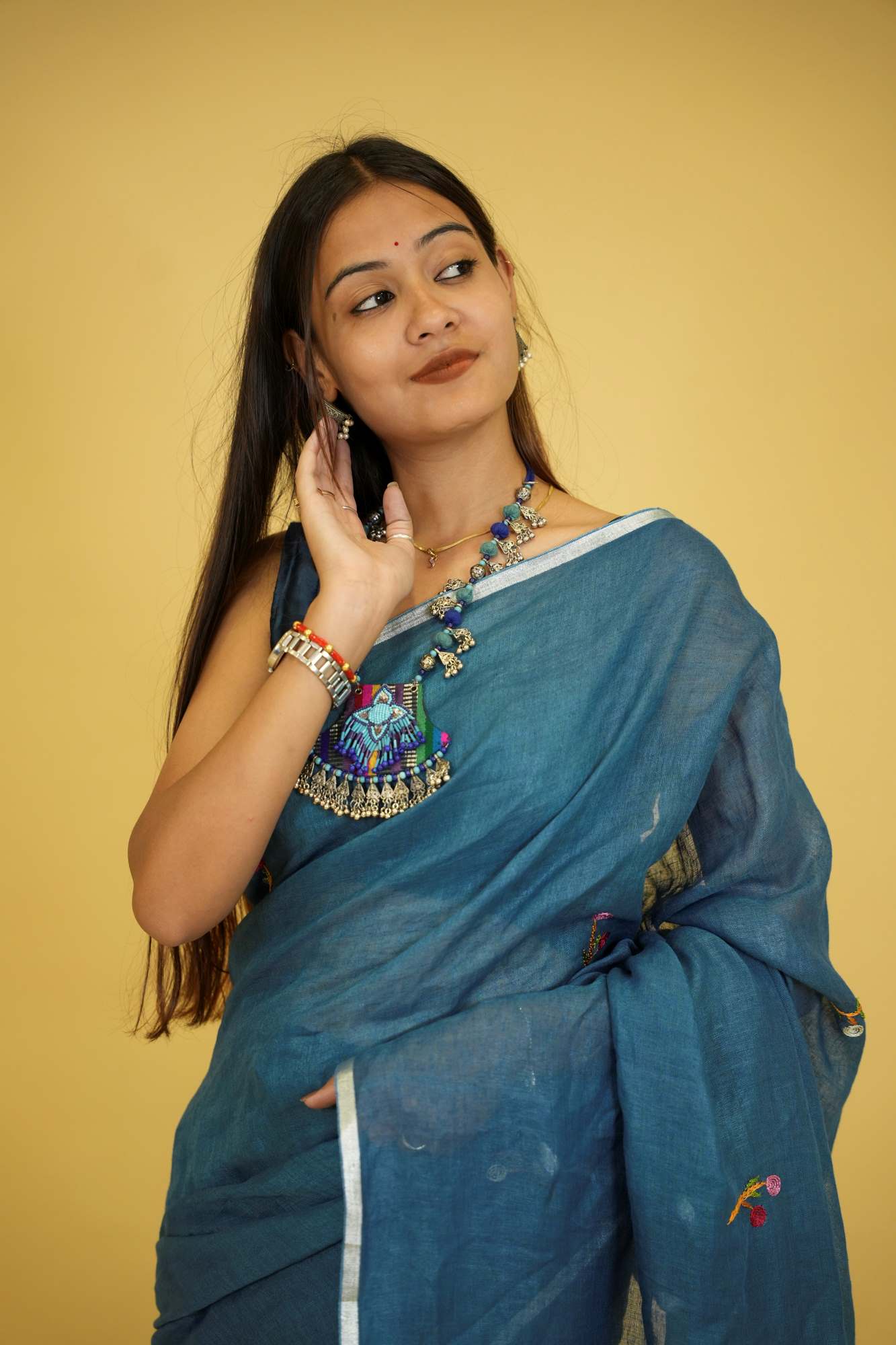 Blue Linen Silk Ready to wear Saree with Hand Woven & Floral Embroidery Work